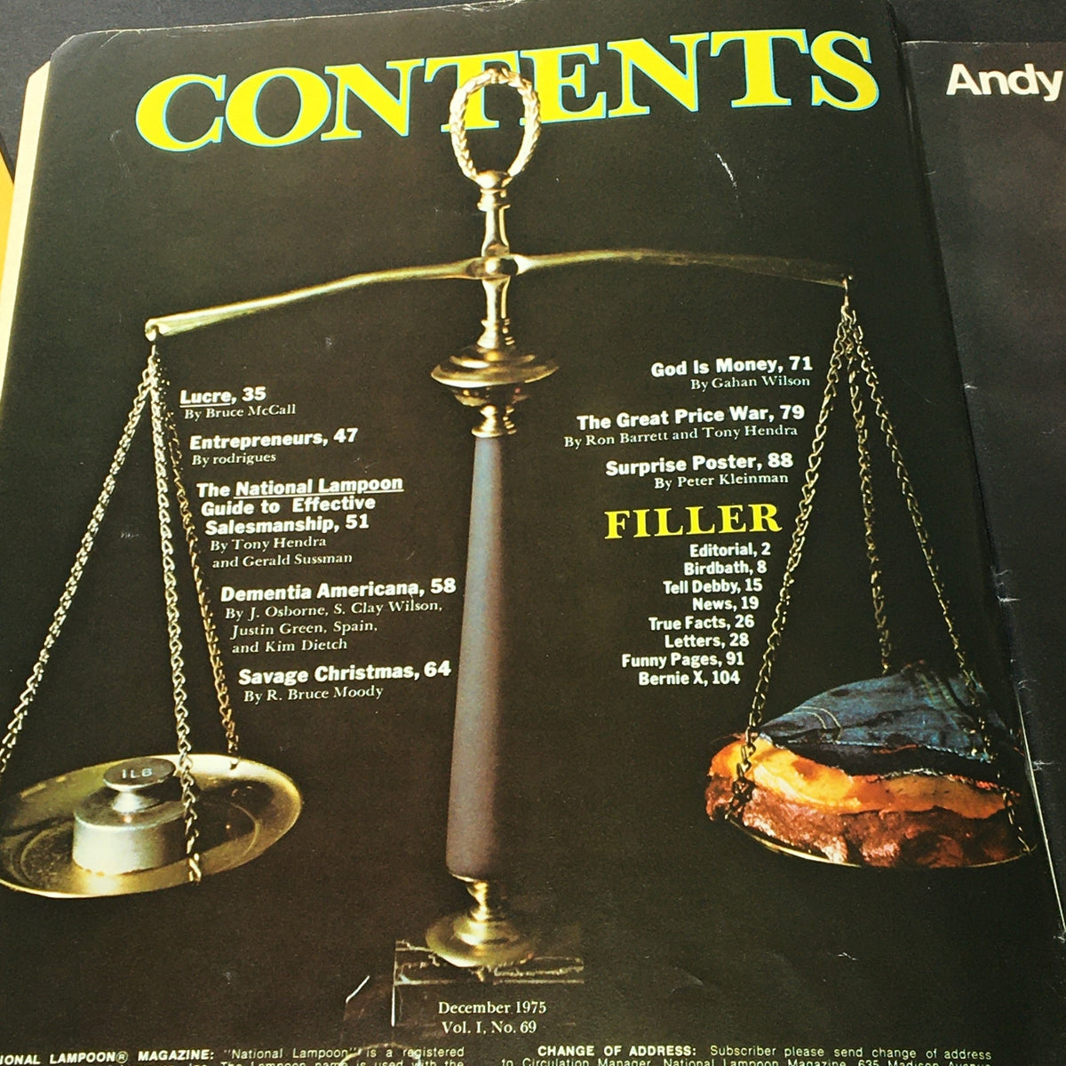 Contents page of National Lampoon Magazine December 1975 Vol 1 No. 69, listing articles including 'The National Lampoon Guide to Effective Salesmanship'.