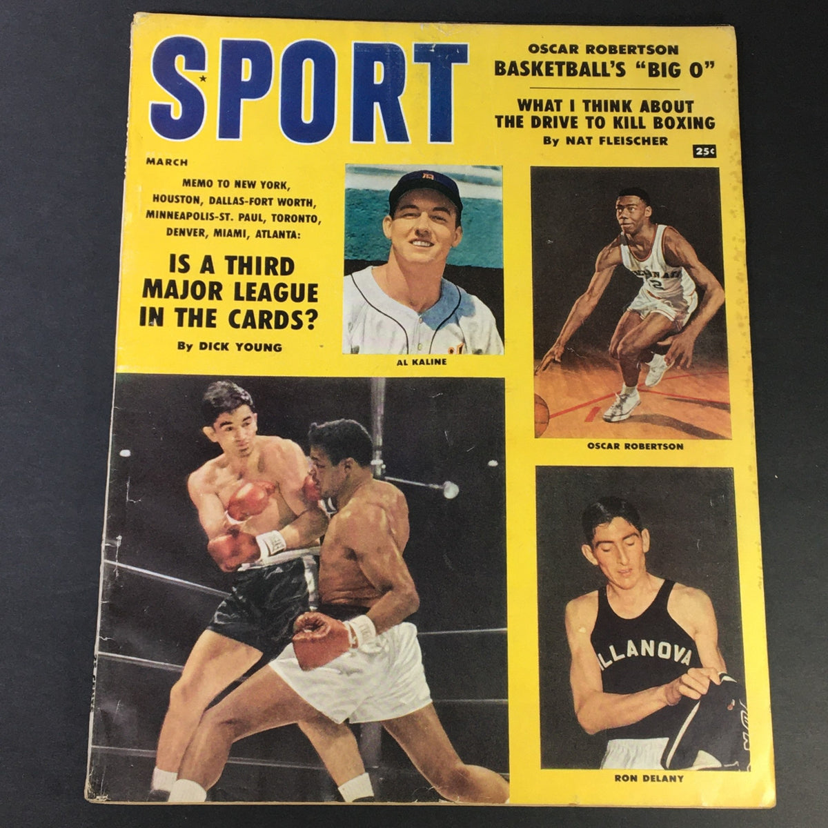 Cover of VTG Sport Magazine March 1959 featuring baseball player Al Kaline, basketball player Oscar Robertson, and middle-distance runner Ron Delany with the headline discussing sports topics.