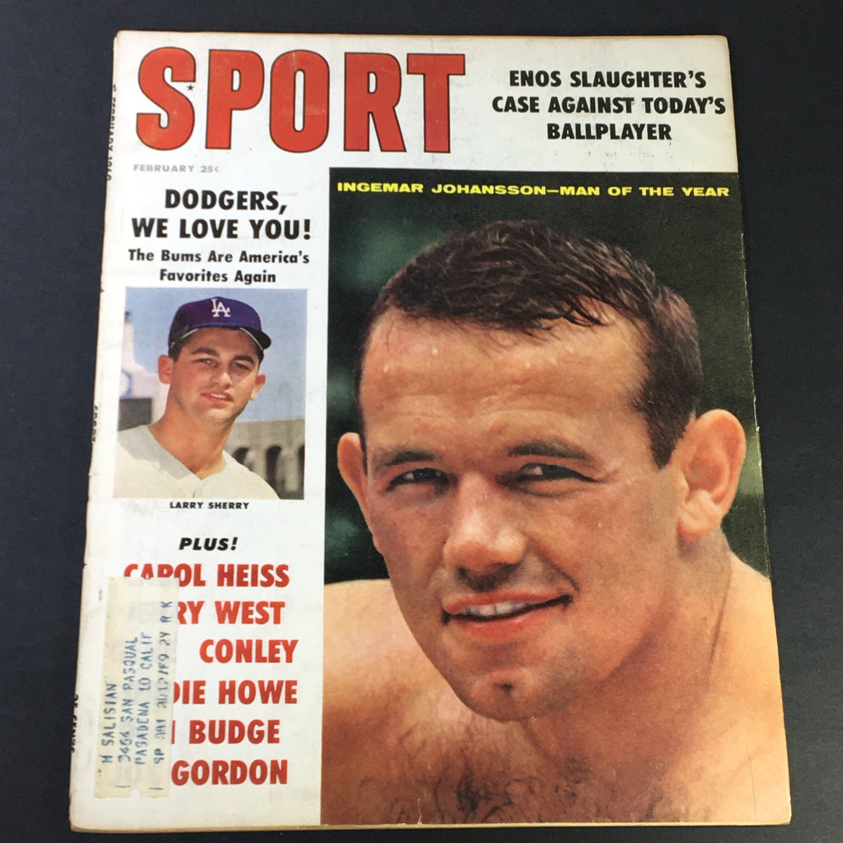 Cover of VTG Sport Magazine February 1960 featuring Larry Sherry and Ingemar Johansson. Highlights notable athletes like Carol Heiss and promotes sports culture of the era.
