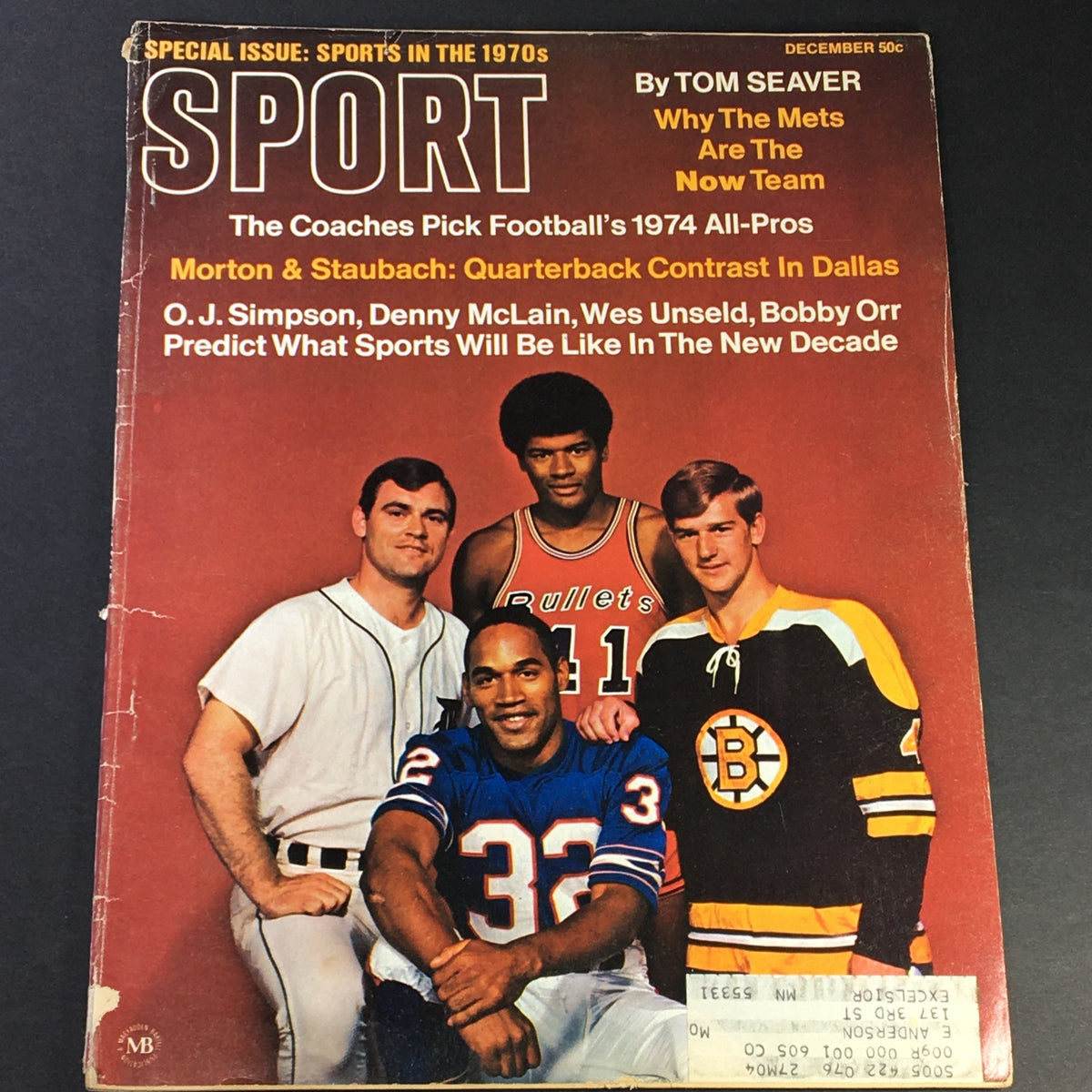 VTG Sport Magazine December 1969 featuring O.J. Simpson, Craig Morton, and Roger Staubach on the cover, depicting iconic athletes from the late 1960s.