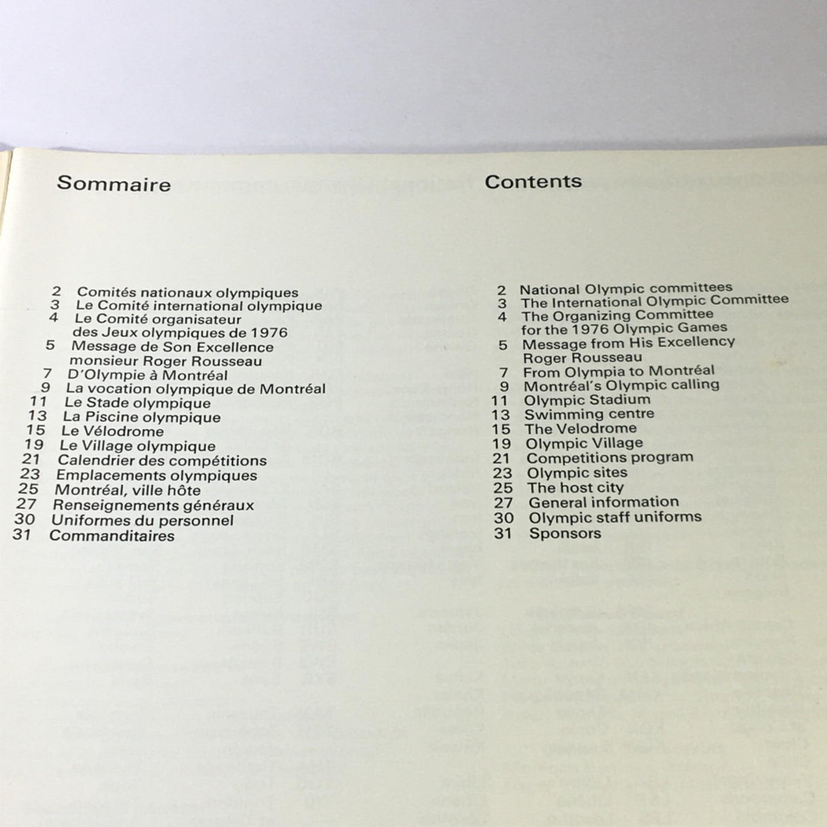 Table of contents from the VTG Games of the XXI Olympiad Montreal 1976 Athletics Olympic Games Running, outlining key sections such as Olympic committees, stadium information, and competition schedules.