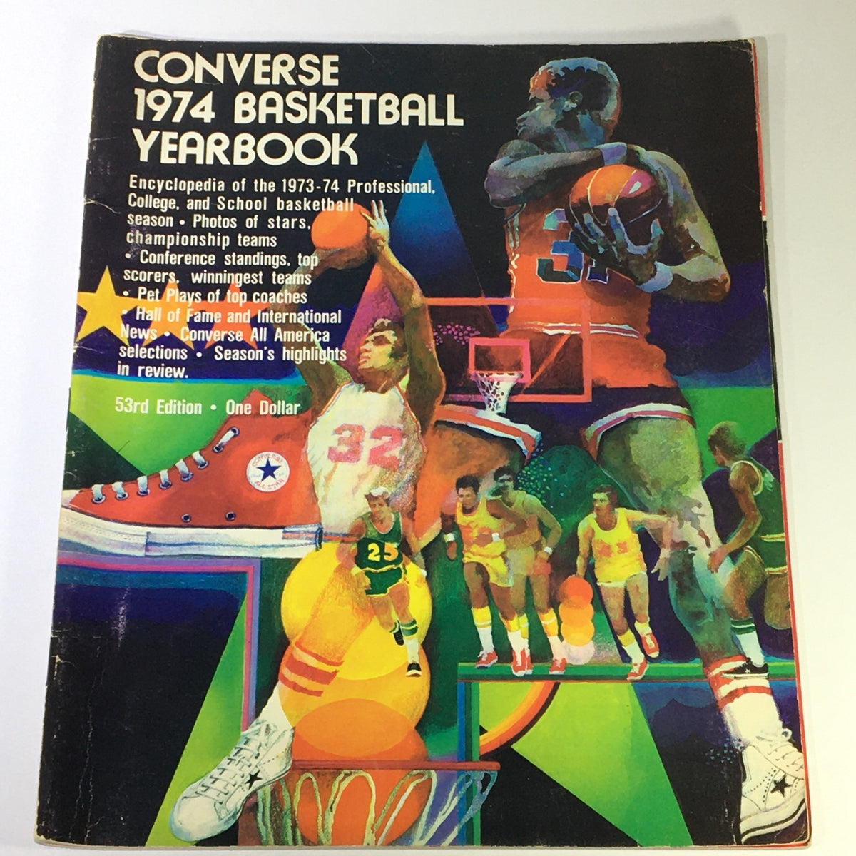 VTG The Converse 1974 Basketball Yearbook cover featuring colorful graphics and illustrations of basketball players. The yearbook serves as an encyclopedia for the 1973-74 basketball season.