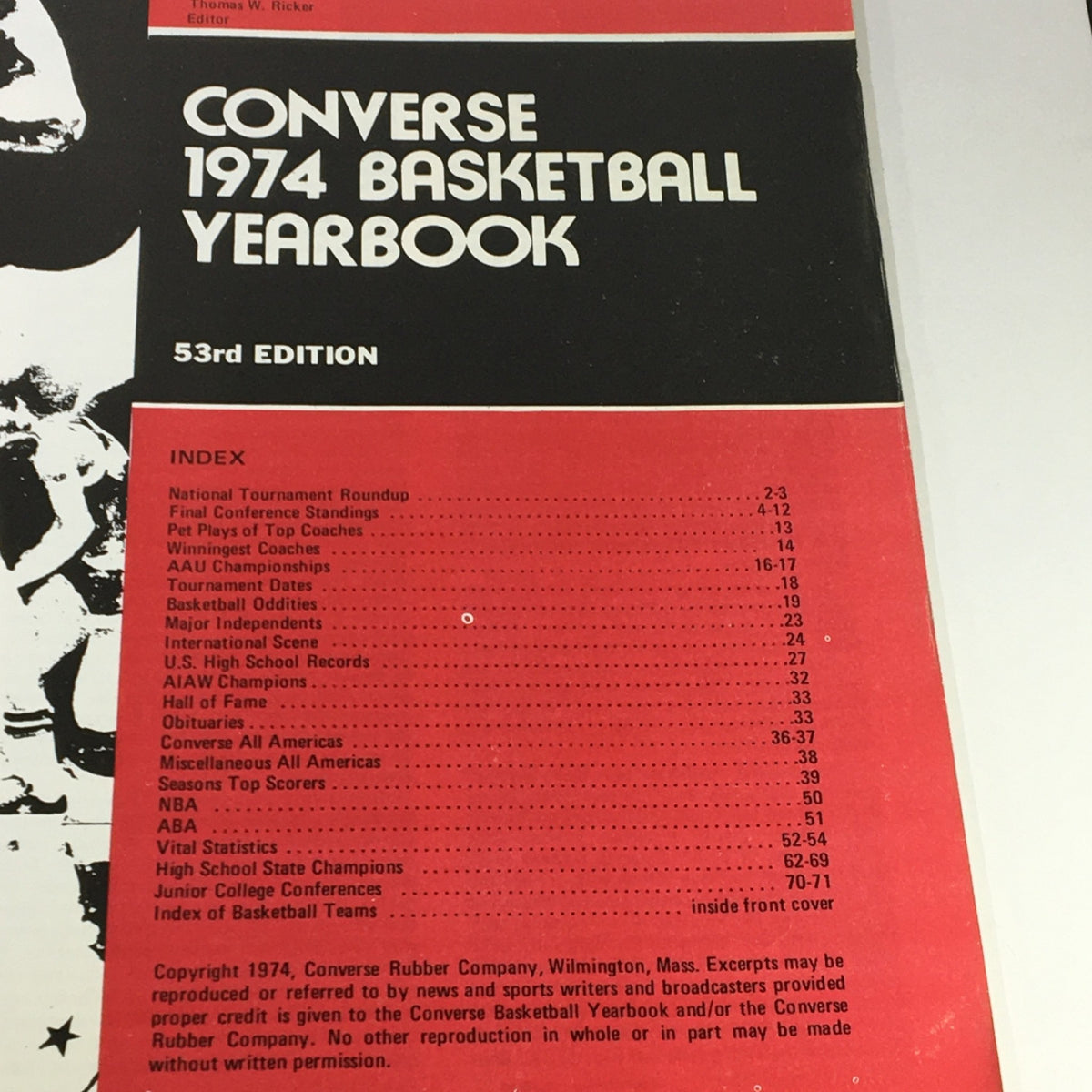 Inside page of VTG The Converse 1974 Basketball Yearbook displaying the index section. The page lists topics such as national tournament roundup and AAU championships relevant to the 1973-74 basketball season.