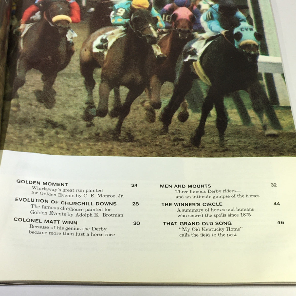 Inside page of the 1961 87th Kentucky Derby Program titled 'A Golden Event', featuring article titles about horse racing history and notable figures.