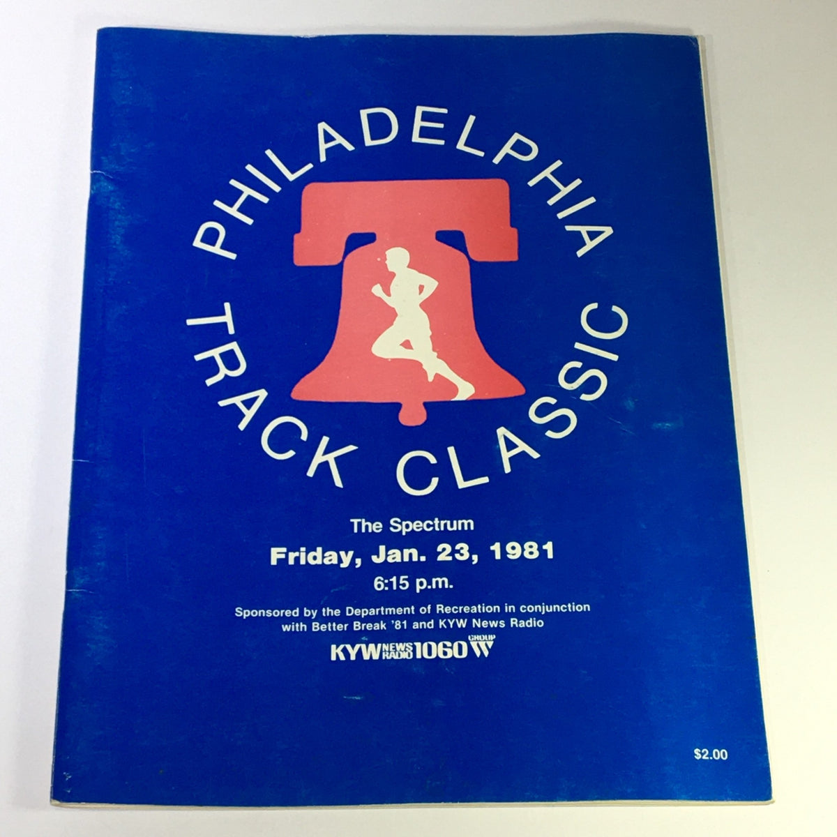 Cover of the VTG Philadelphia Track Classic January 23 1981, featuring a blue background with a logo of the Liberty Bell and a runner. The event details include The Spectrum as the venue and January 23, 1981, as the date.