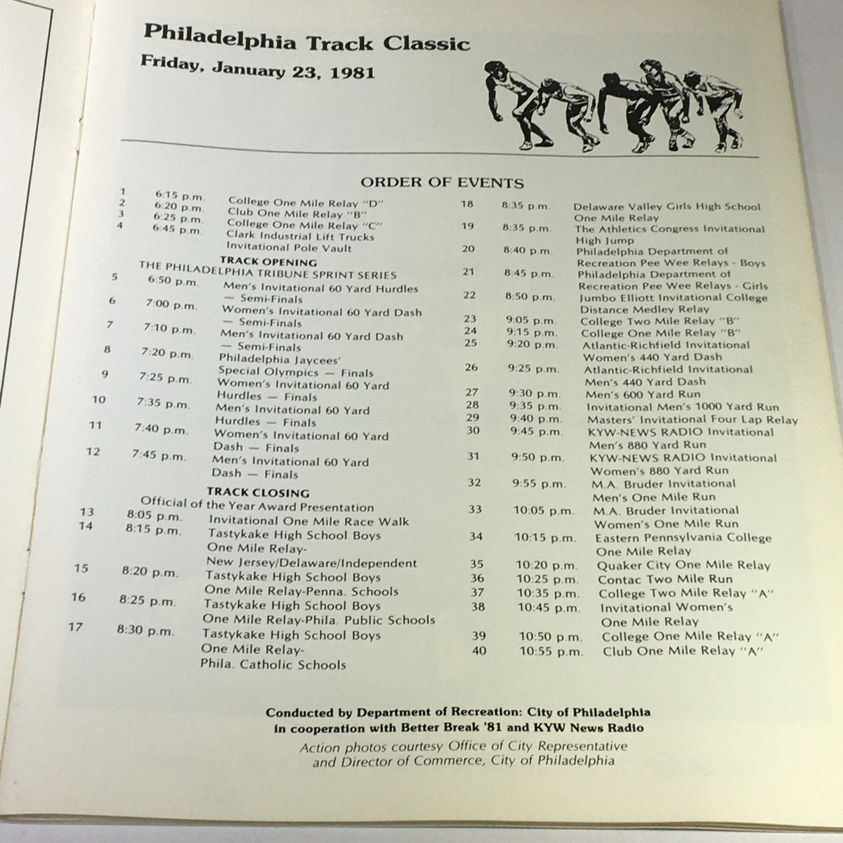 Inside page of the VTG Philadelphia Track Classic January 23 1981, displaying the order of events scheduled for the track meet, highlighting various races and presentations throughout the evening.