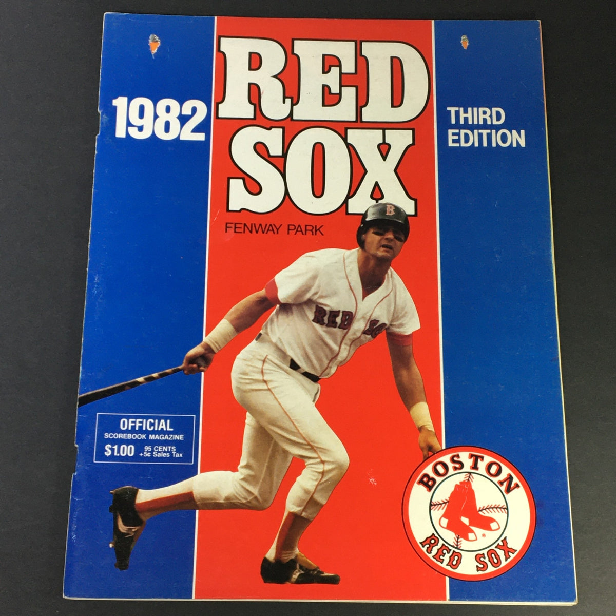VTG MLB Official Scorebook Magazine Boston Red Sox Third Edition 1982, featuring a player at Fenway Park on the cover.