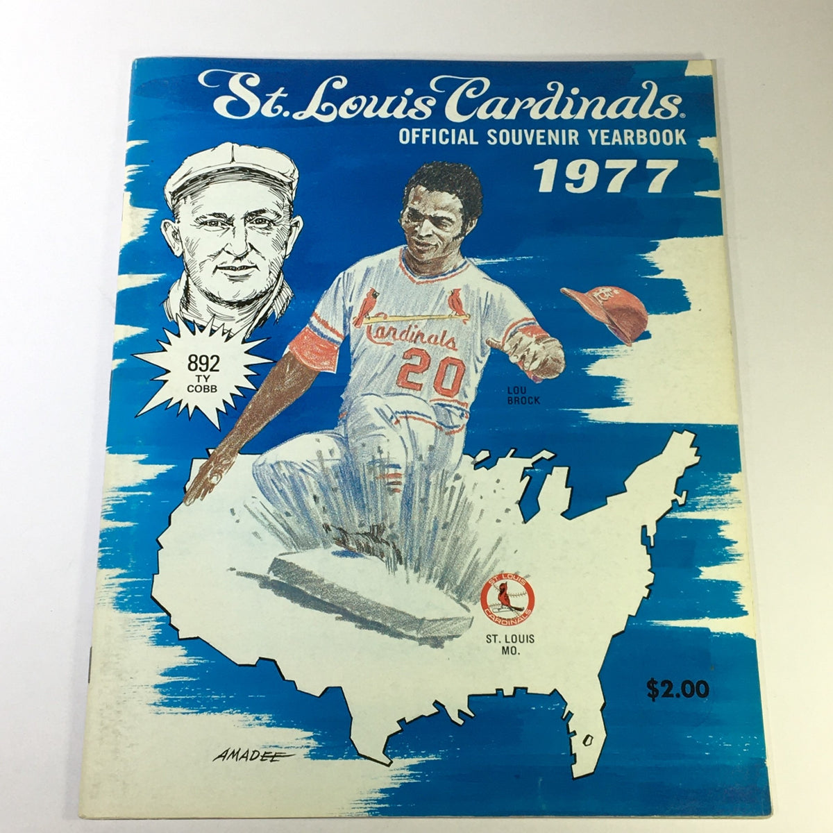 VTG MLB St. Louis Cardinals Official Souvenir Yearbook 1977 cover featuring player illustration and graphics with Ty Cobb and Lou Brock images.