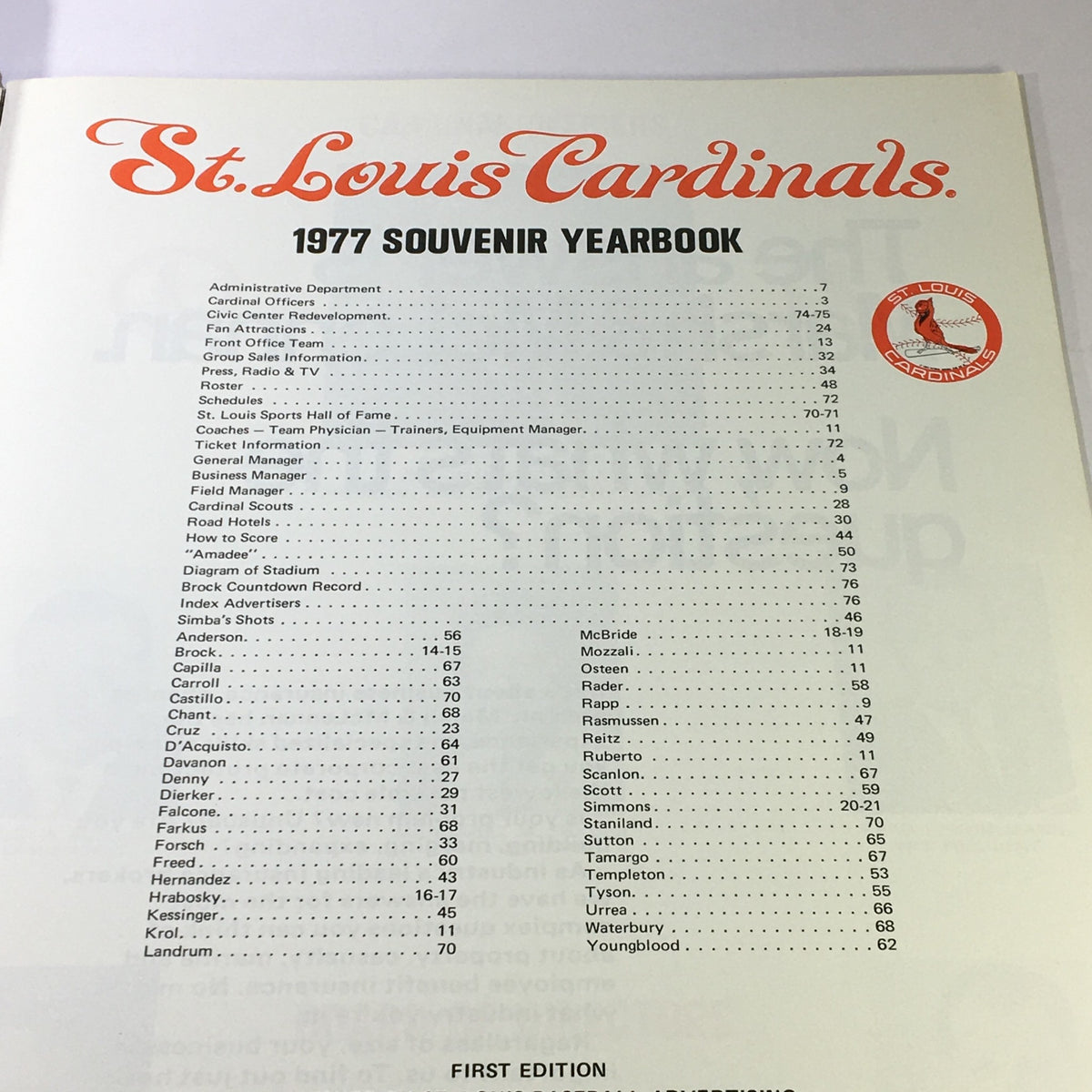 Inside page of the VTG MLB St. Louis Cardinals Official Souvenir Yearbook 1977 displaying the table of contents with listed sections and notable team information.