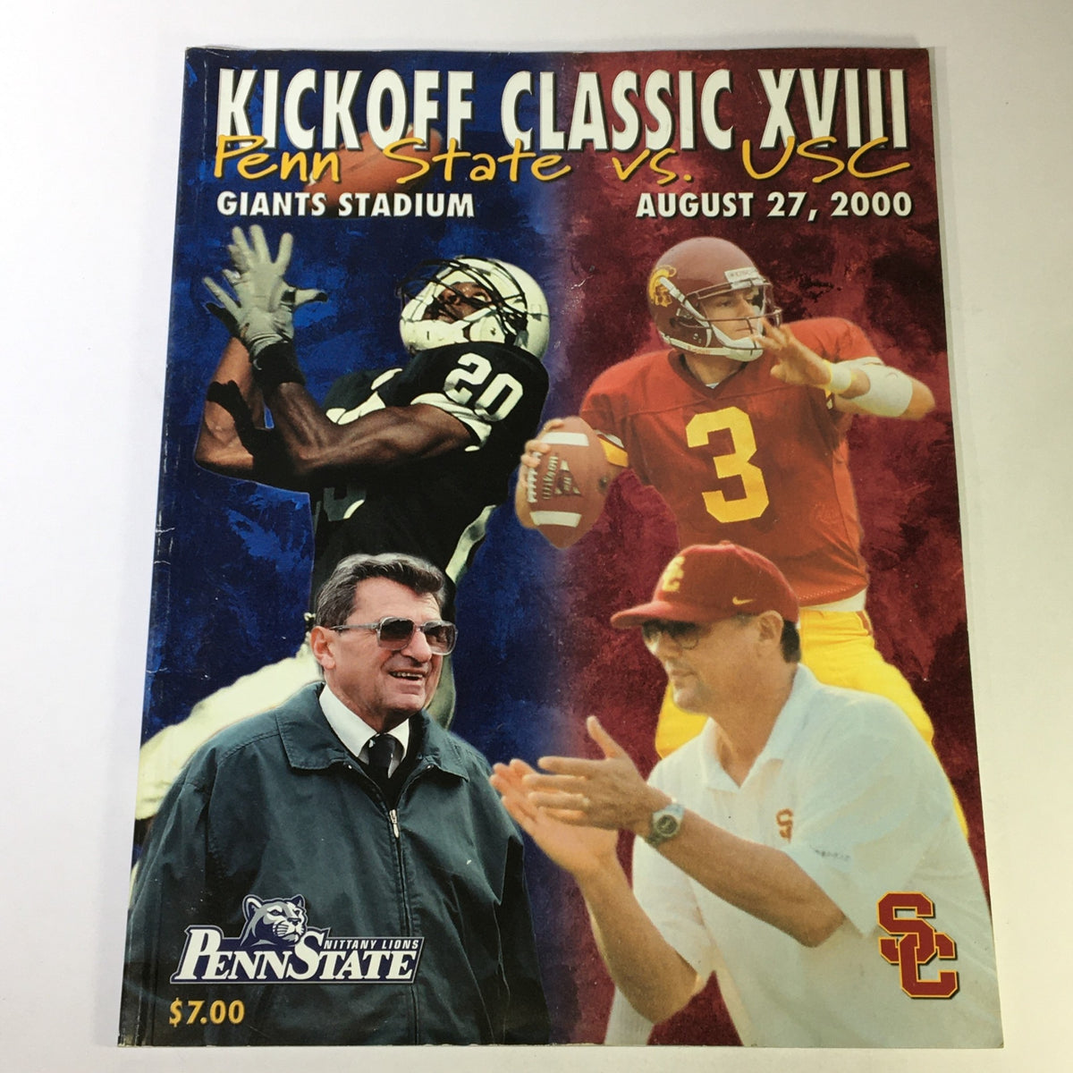 Cover of Kickoff Classic XVIII featuring Penn State Lions vs USC Trojans on August 27, 2000, showcasing players in action and the game date at Giants Stadium.