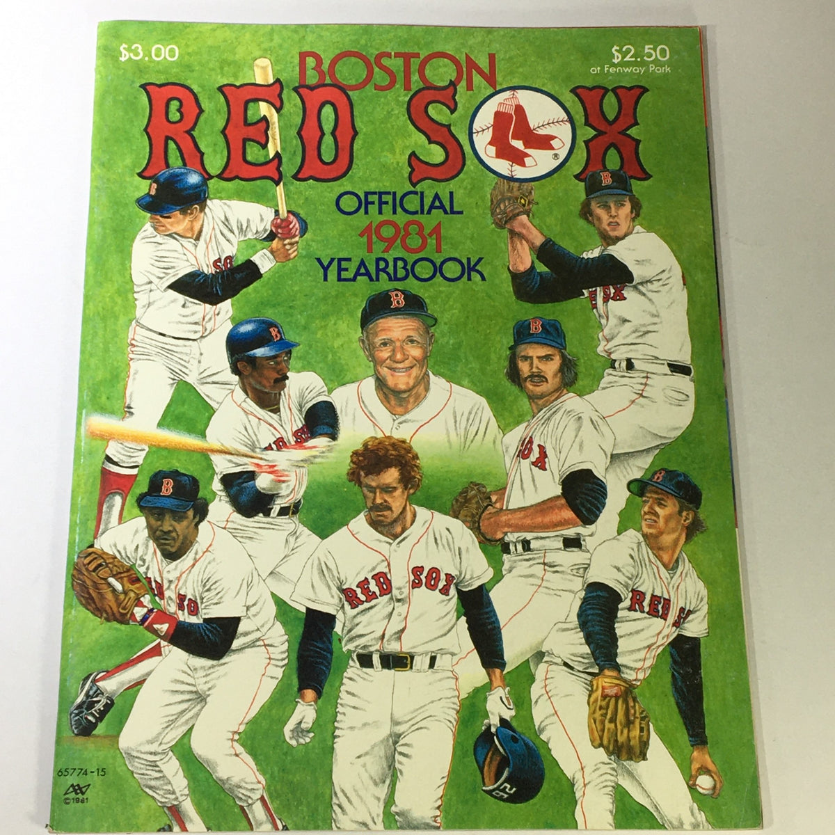 Vintage Official Boston Red Sox Yearbook 1981 cover featuring iconic players and a bright green background, showcasing baseball memorabilia.