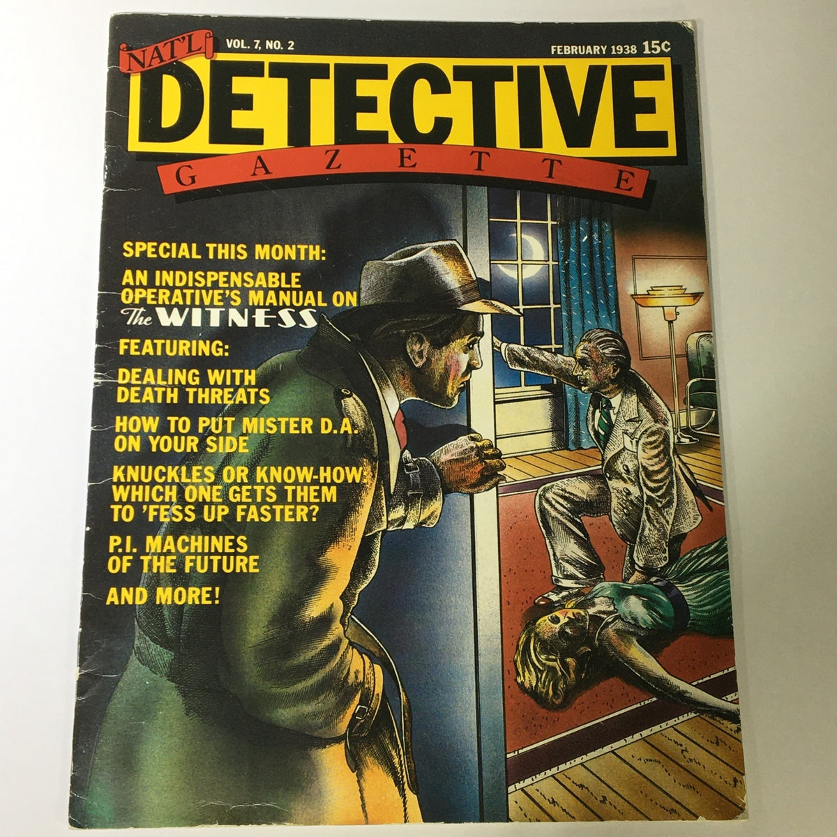 Cover of VTG Nat'l Detective Gazette February 1938 Vol 7 #2 titled 'The Witness'. Features a dramatic illustration of a detective confronting a figure in a room, with a female figure on the floor, showcasing thrilling elements of vintage detective fiction.