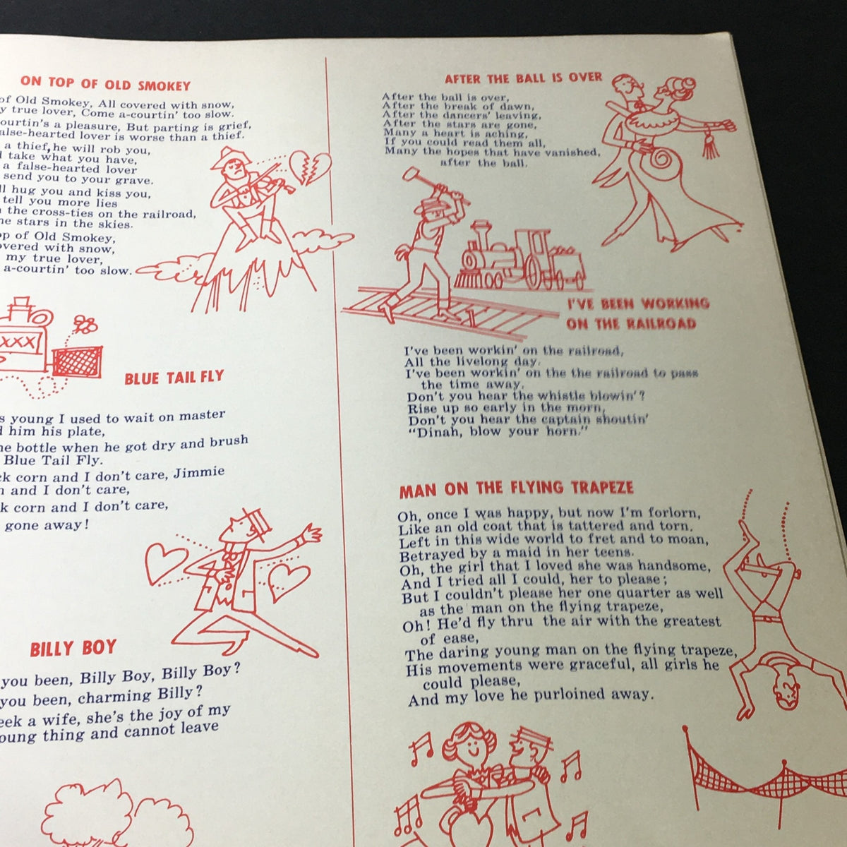 Back cover of the 1964 Sing of the U.S.A. with Chevrolet songbook displaying whimsical character illustrations and song excerpts, emphasizing its vintage charm.