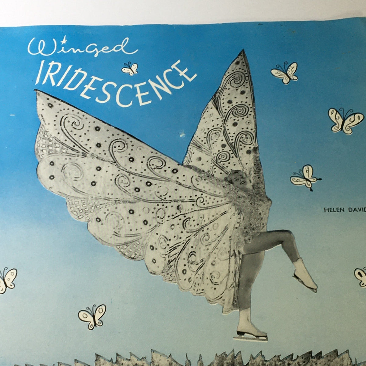 Inside page of the 1950 VTG Ice Capades brochure titled 'Winged Iridescence' featuring a skater in an elaborate butterfly costume against a blue sky.