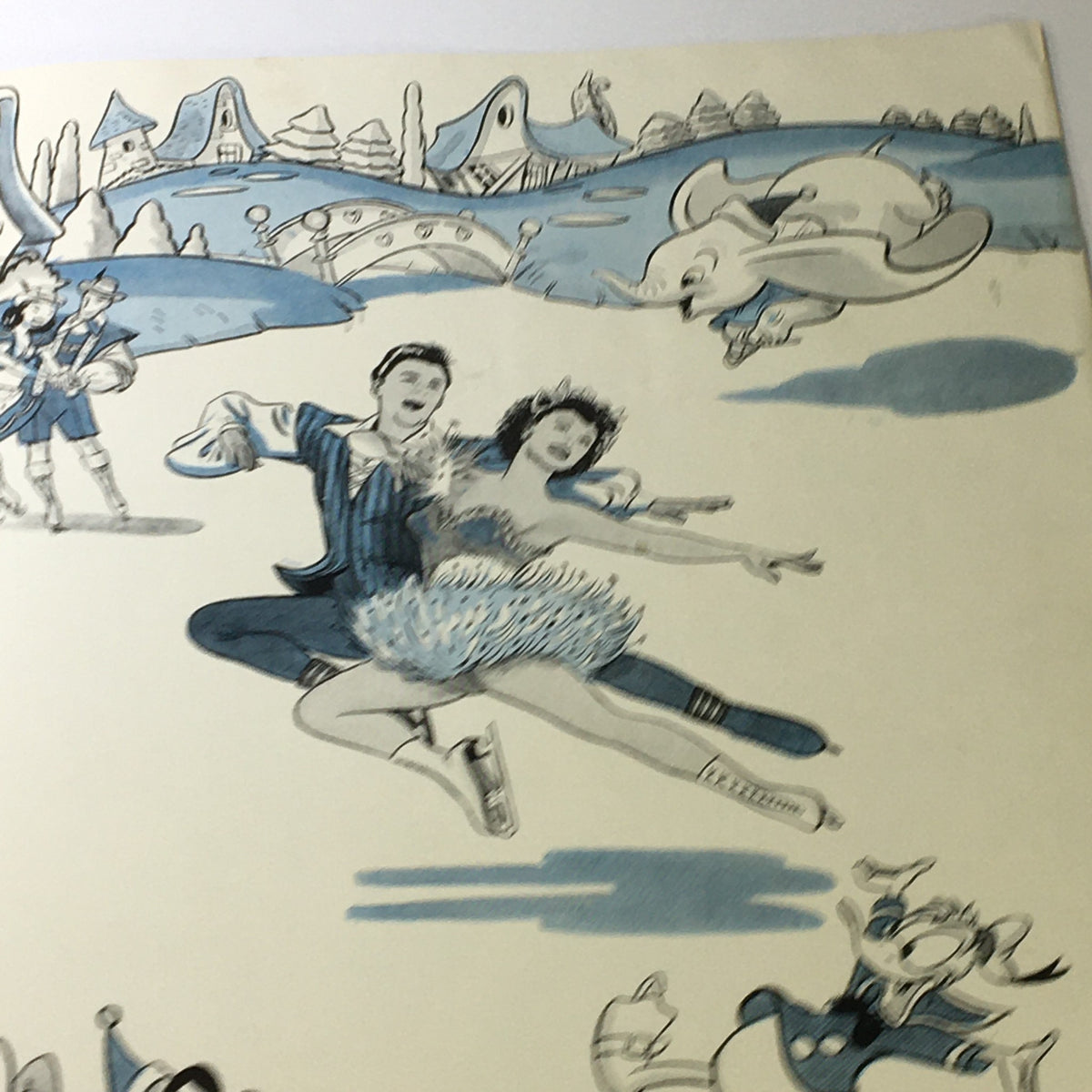 Illustration from the VTG Ice Capades Brochure of 1950 A Walt Disney Production depicting ice skaters in motion amidst whimsical landscapes, showcasing the blend of performance art and Disney magic.