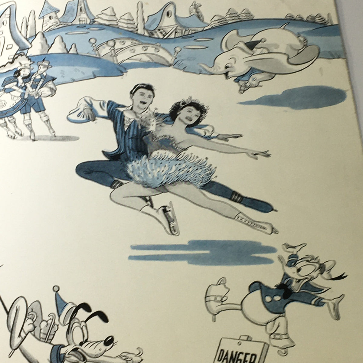 Illustration from the VTG Ice Capades Brochure of 1950, showcasing a skater in a vibrant outfit performing with a partner against a whimsical background featuring Disney characters.