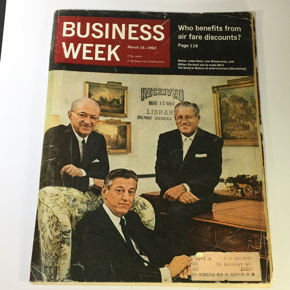 Cover of Business Week Magazine March 16 1963 featuring prominent figures in the business world, including Jules Stein, Lew Wasserman, and Milton Rackmil. The issue highlights topics relevant to mid-20th century corporate America.