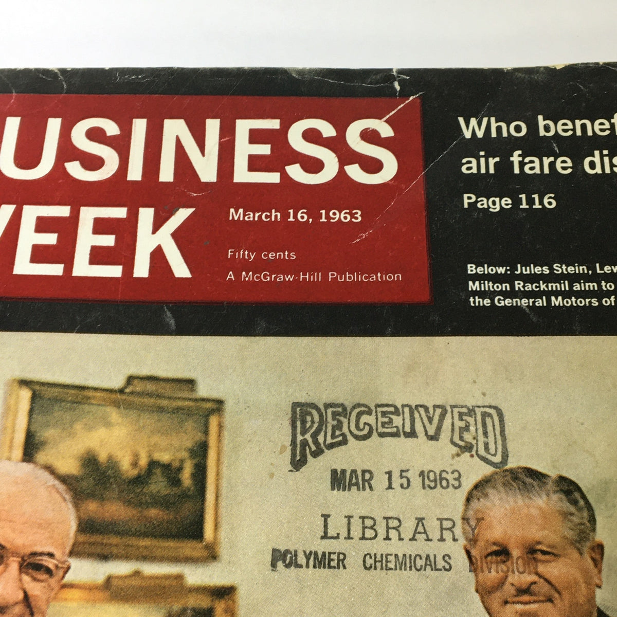 Close-up of the cover of Business Week Magazine March 16 1963, showcasing the magazine's title and tagline, along with details about featured personalities and articles related to business strategies in the 1960s.
