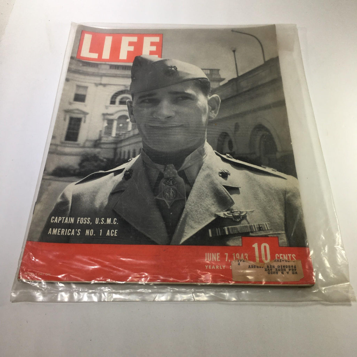 Cover of Life Magazine dated June 7, 1943 featuring Captain Foss, U.S.M.C., regarded as America's No. 1 Ace. The magazine showcases a black and white photo of Captain Foss in military attire, highlighting a significant historical collectible from World War II.