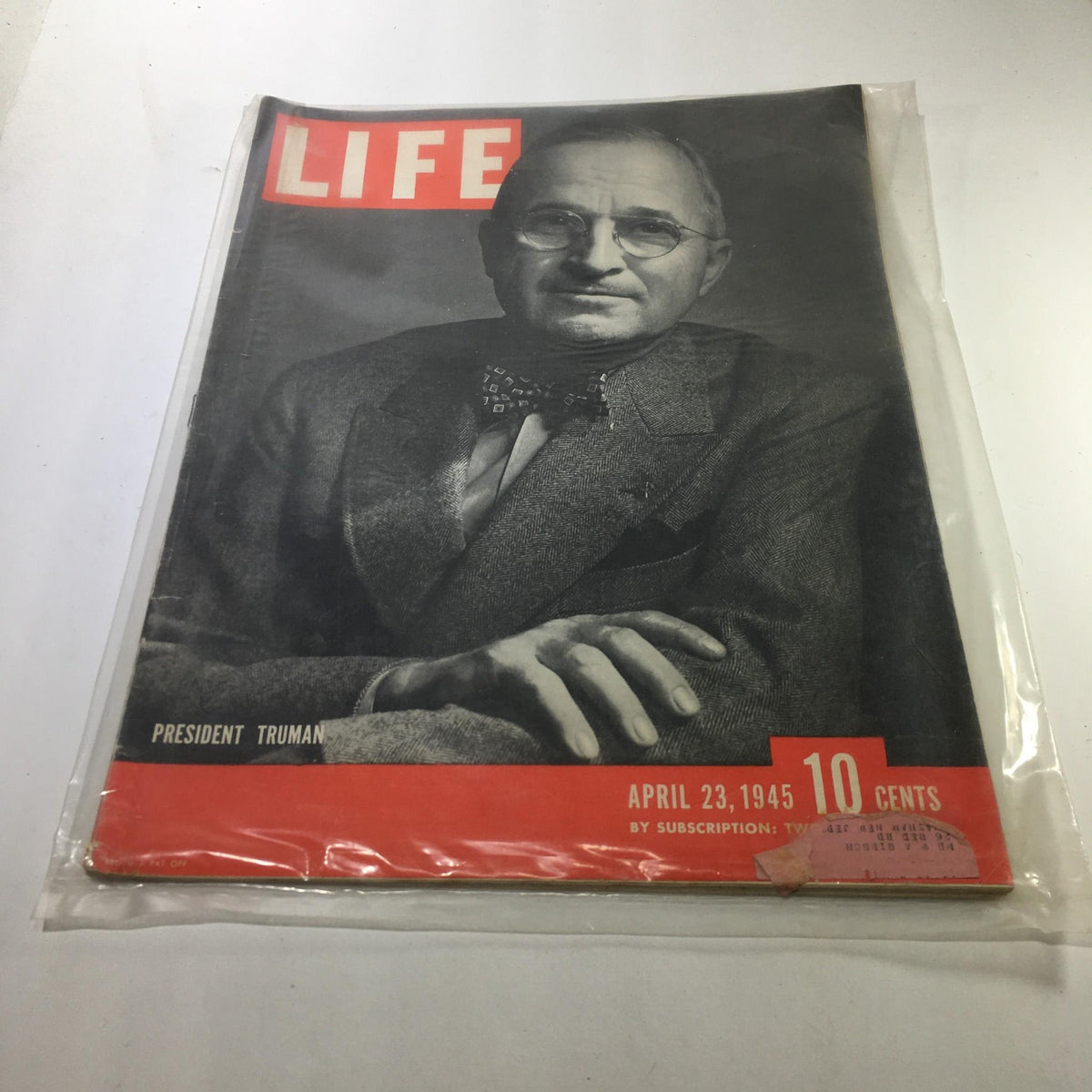 Life Magazine cover from April 23, 1945 featuring President Truman. The cover showcases a black and white portrait of Truman in a suit, highlighting historical significance during World War II. The magazine is in good condition, offering a glimpse into mid-20th century American politics.