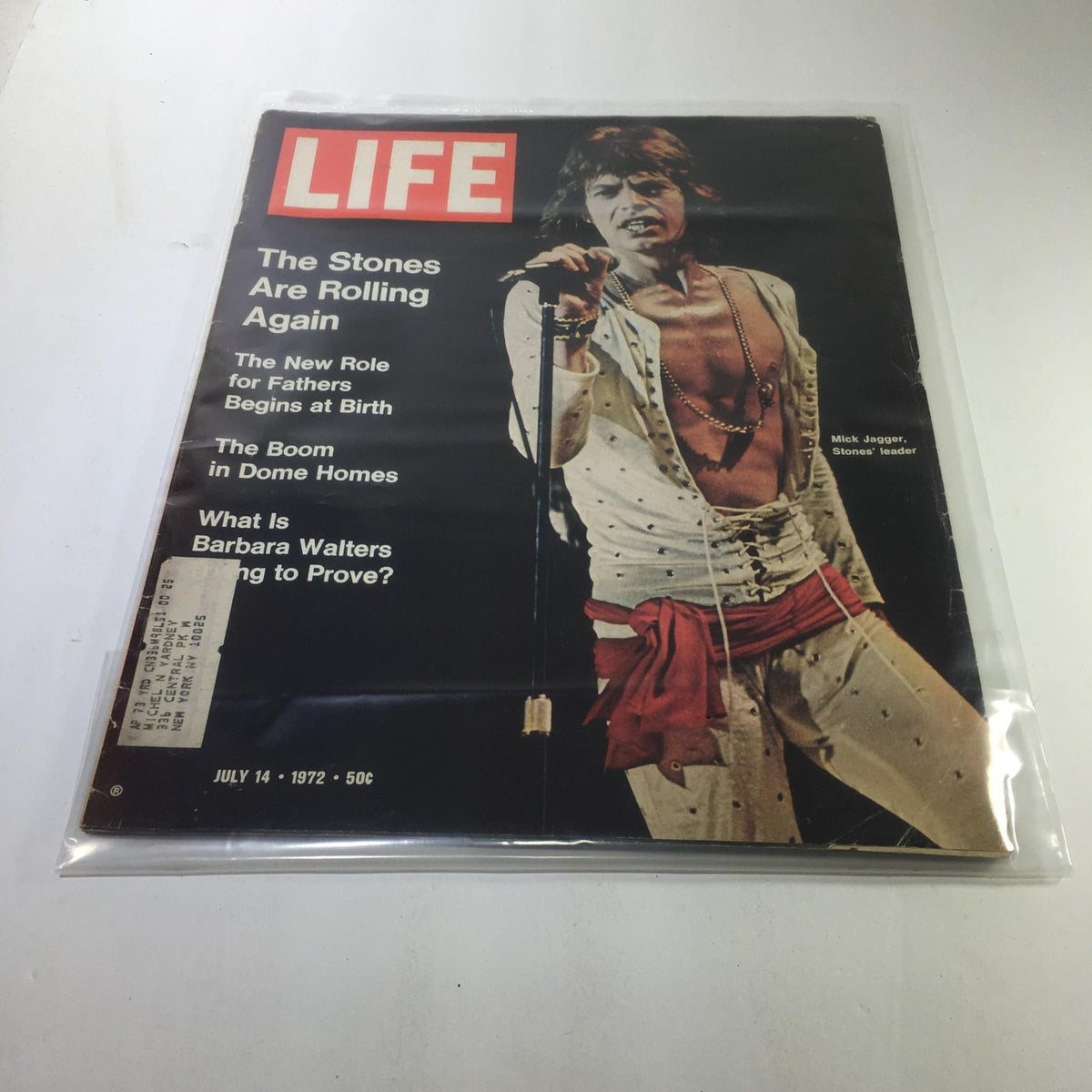 Life Magazine cover from July 14, 1972 featuring Mick Jagger, the leader of the Rolling Stones, showcasing a pivotal moment in rock and roll history with a striking image of Jagger performing live.