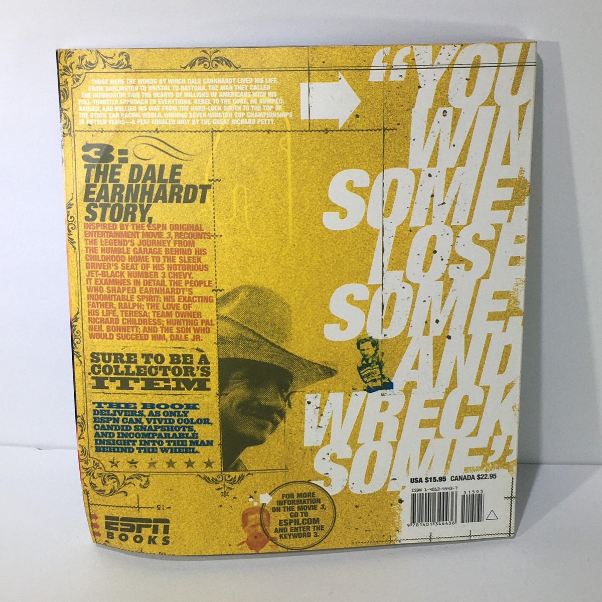 Back cover of the vintage magazine '3: The Dale Earnhardt Story' featuring bold text and images, highlighting key aspects of Dale Earnhardt's life and career, with promotional details about the magazine.