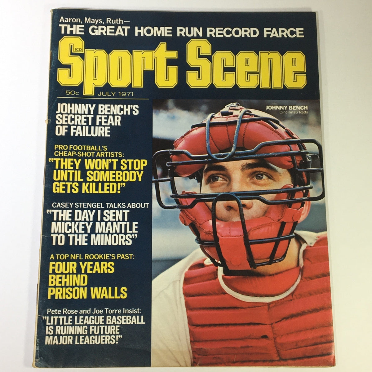 VTG Sport Scene Magazine July 1971 featuring Johnny Bench on the cover, showcasing headlines about baseball and football, in newsstand condition.
