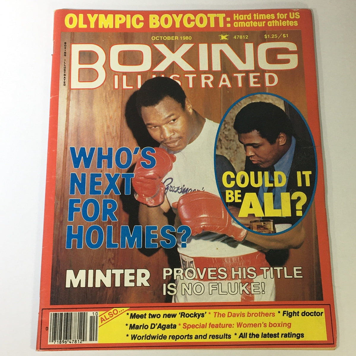 Cover of Boxing Illustrated Magazine from October 1980 featuring Muhammad Ali and Larry Holmes. The cover poses the question 'Who's Next for Holmes?' and includes highlights about boxing events and personalities from that era. Ideal for vintage boxing magazine collectors.