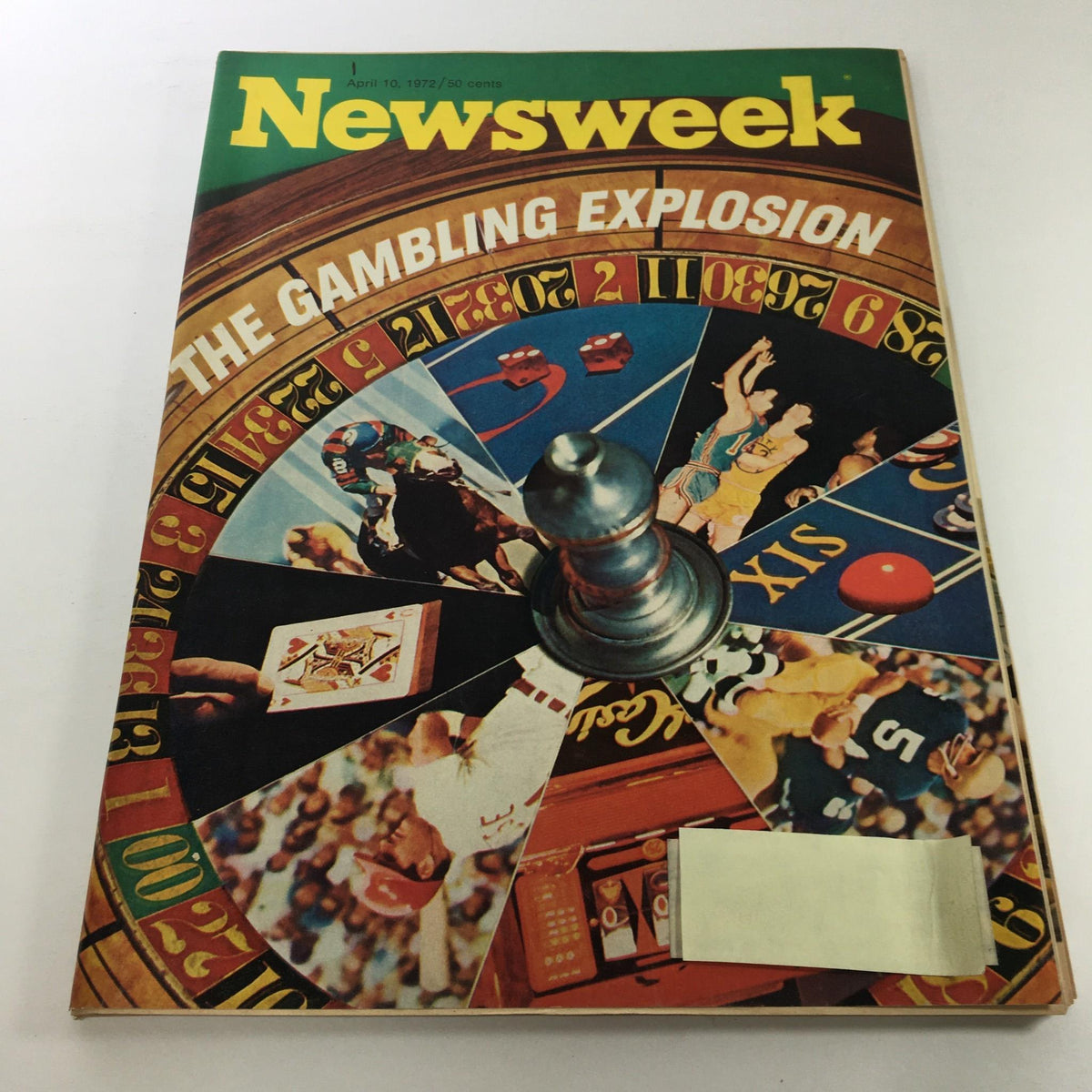 Vintage Newsweek magazine cover from April 10, 1972, titled 'The Gambling Explosion', featuring a colorful roulette wheel with images related to gambling and sports.