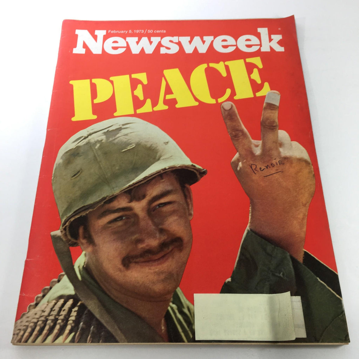 Cover of Newsweek Magazine from February 5, 1973 featuring the title 'PEACE' with a soldier flashing a peace sign and smiling, reflecting themes of the Vietnam War and peace movements of the era.