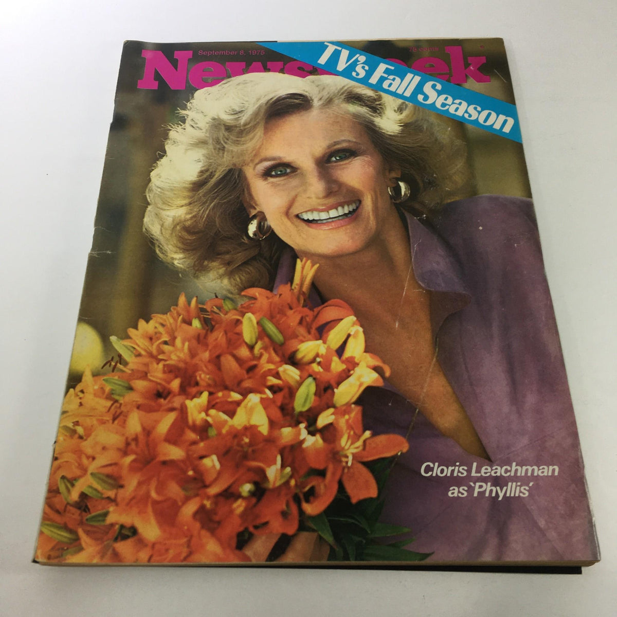 Cover of Newsweek Magazine from September 8, 1975, featuring Cloris Leachman with a bouquet of flowers and the headline 'TV's Fall Season'. This vintage magazine highlights Cloris Leachman's role as 'Phyllis'.