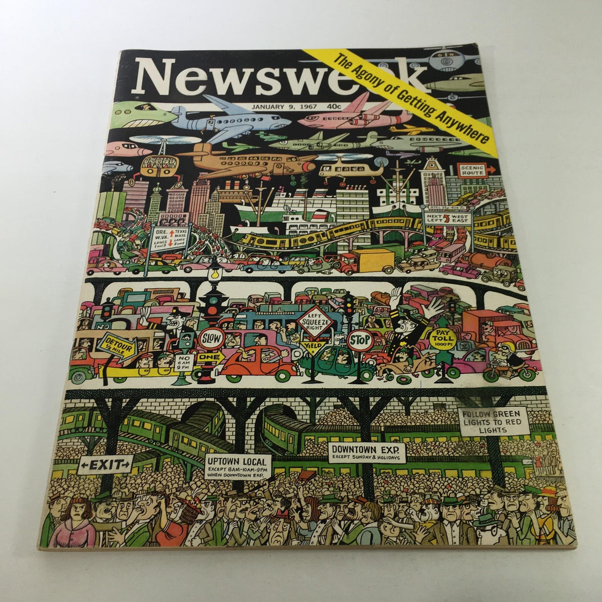 Cover of Newsweek Magazine from January 9, 1967, featuring a colorful illustration depicting urban congestion and transportation, with the title "The Agony of Getting Anywhere" prominently displayed.