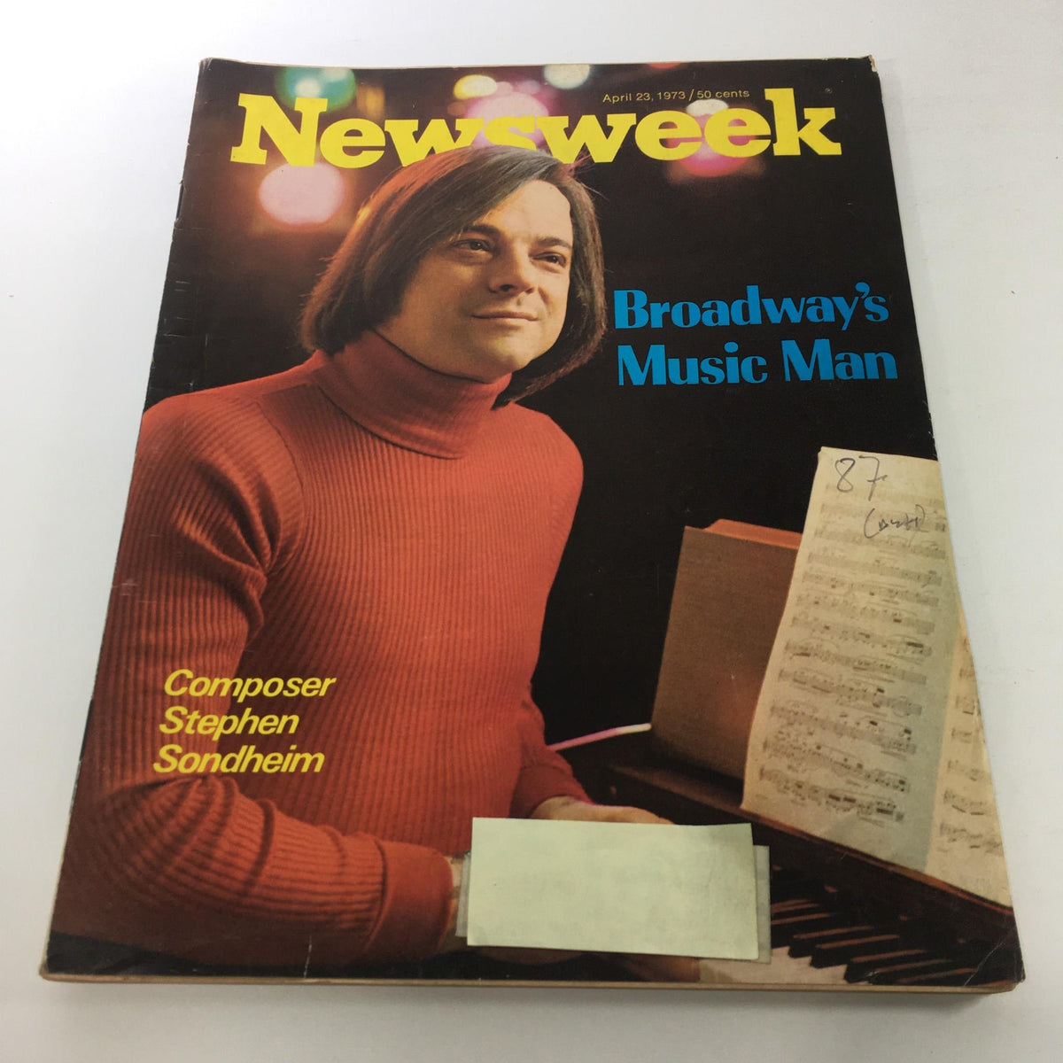 Vintage Newsweek Magazine from April 23, 1973, featuring Broadway's Music Man: Composer Stephen Sondheim on the cover, showcasing his portrait with musical notes in the background.