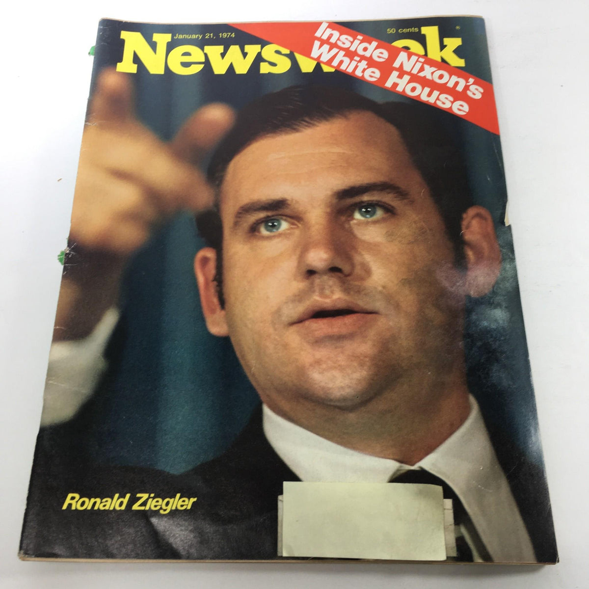 Cover of Newsweek Magazine from January 21, 1974 featuring Ronald Ziegler, with a headline stating 'Inside Nixon's White House'. The magazine showcases Ziegler's expression, conveying a pivotal moment in American political history.