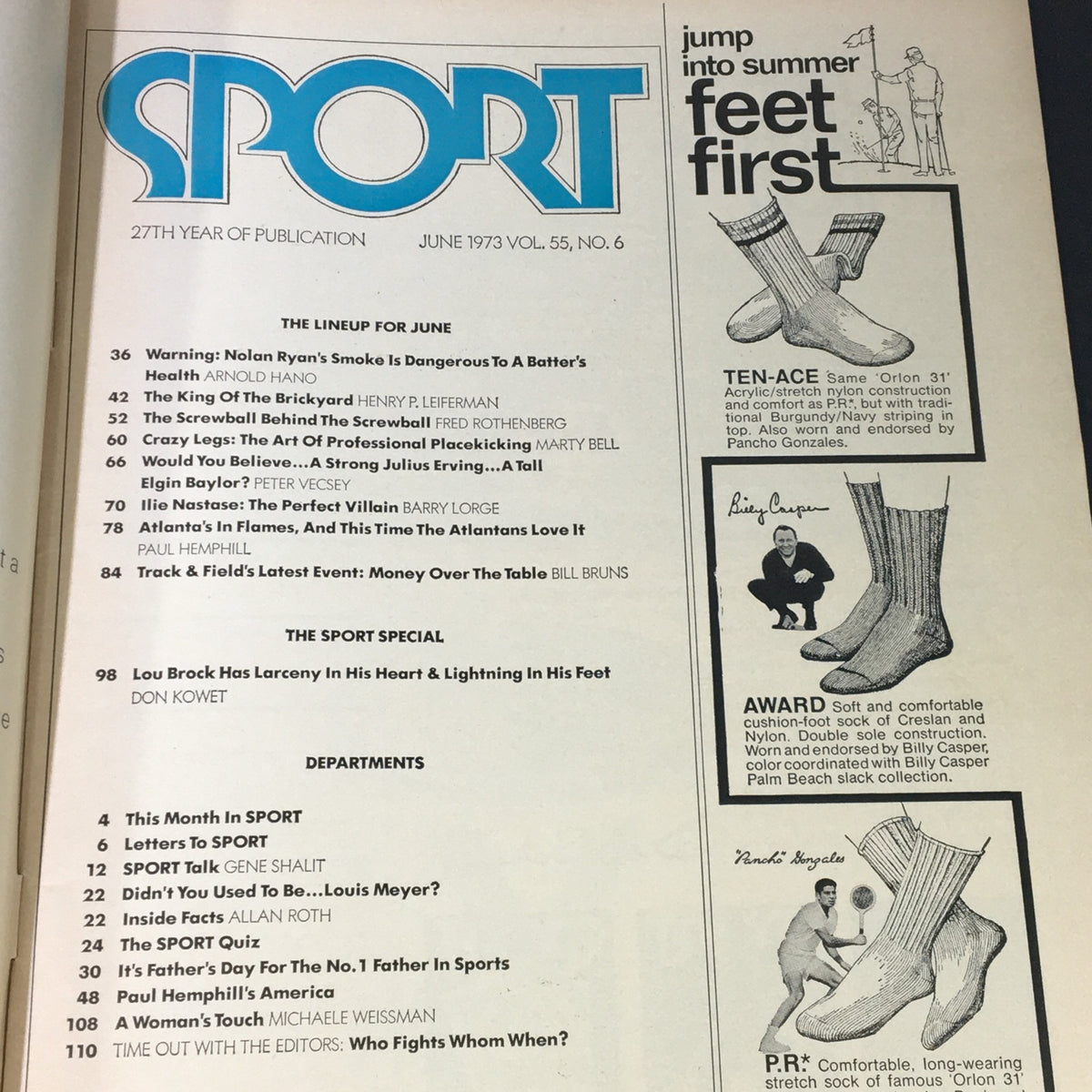 VTG Sport Magazine June 1973 Vol 55 #6 featuring an iconic cover with A.J. Foyt and Nolan Ryan, showcasing the lineup of articles including sports insights and advertisements.