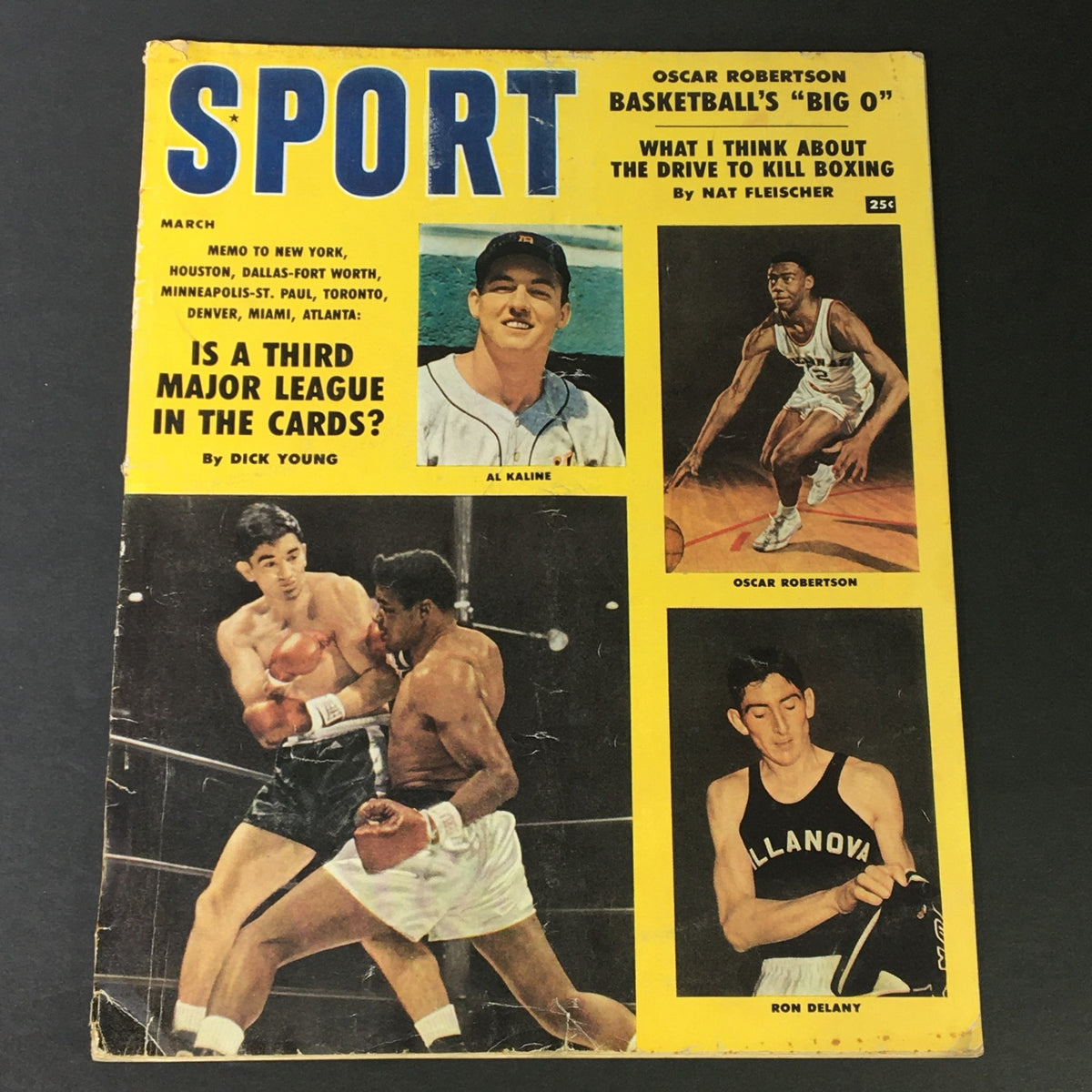 VTG Sport Magazine March 1959 featuring Al Kaline, Oscar Robertson, and Ron Delany on the cover with a vibrant yellow design.