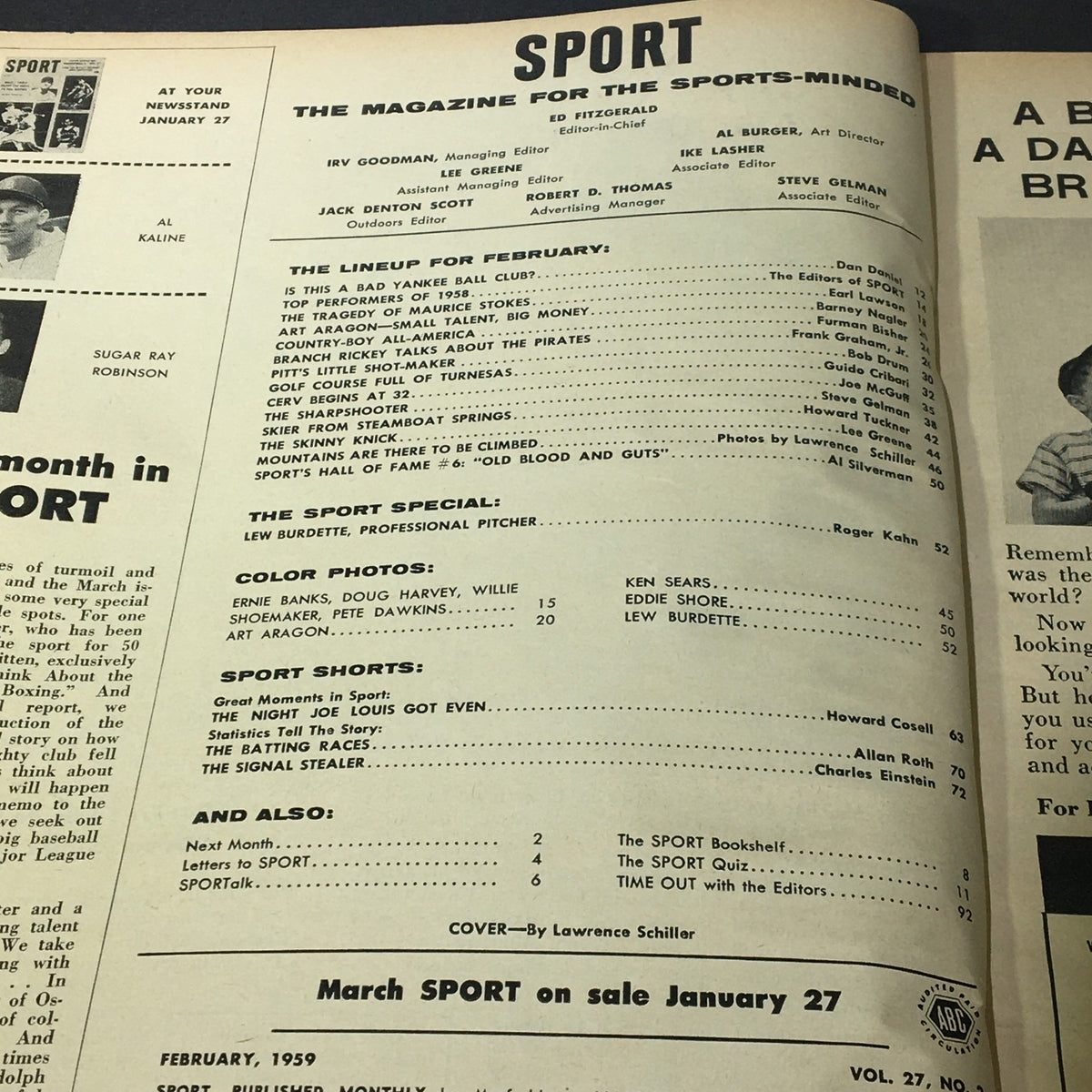 Interior page of Sport Magazine February 1959 listing articles and features, including the line-up for February and a special on Lew Burdette.