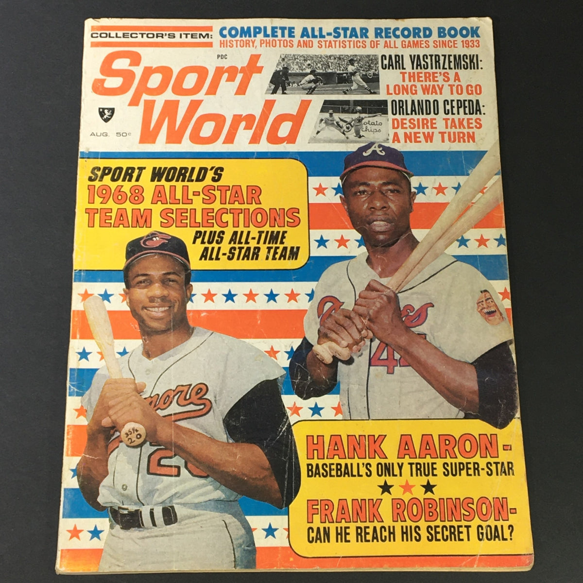 VTG Sport World Magazine Cover from August 1968 featuring Hank Aaron and Frank Robinson, showcasing baseball legends and 1968 All-Star selections.