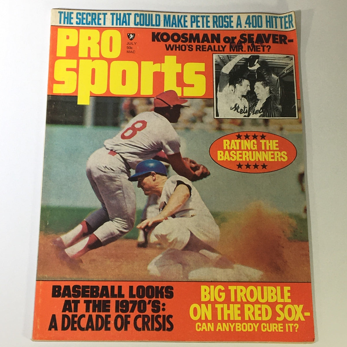 Pro Sports Magazine July 1970 cover featuring Jerry Koosman and Tom Seaver, showcasing a baseball scene and headlines about the 1970s baseball crisis.
