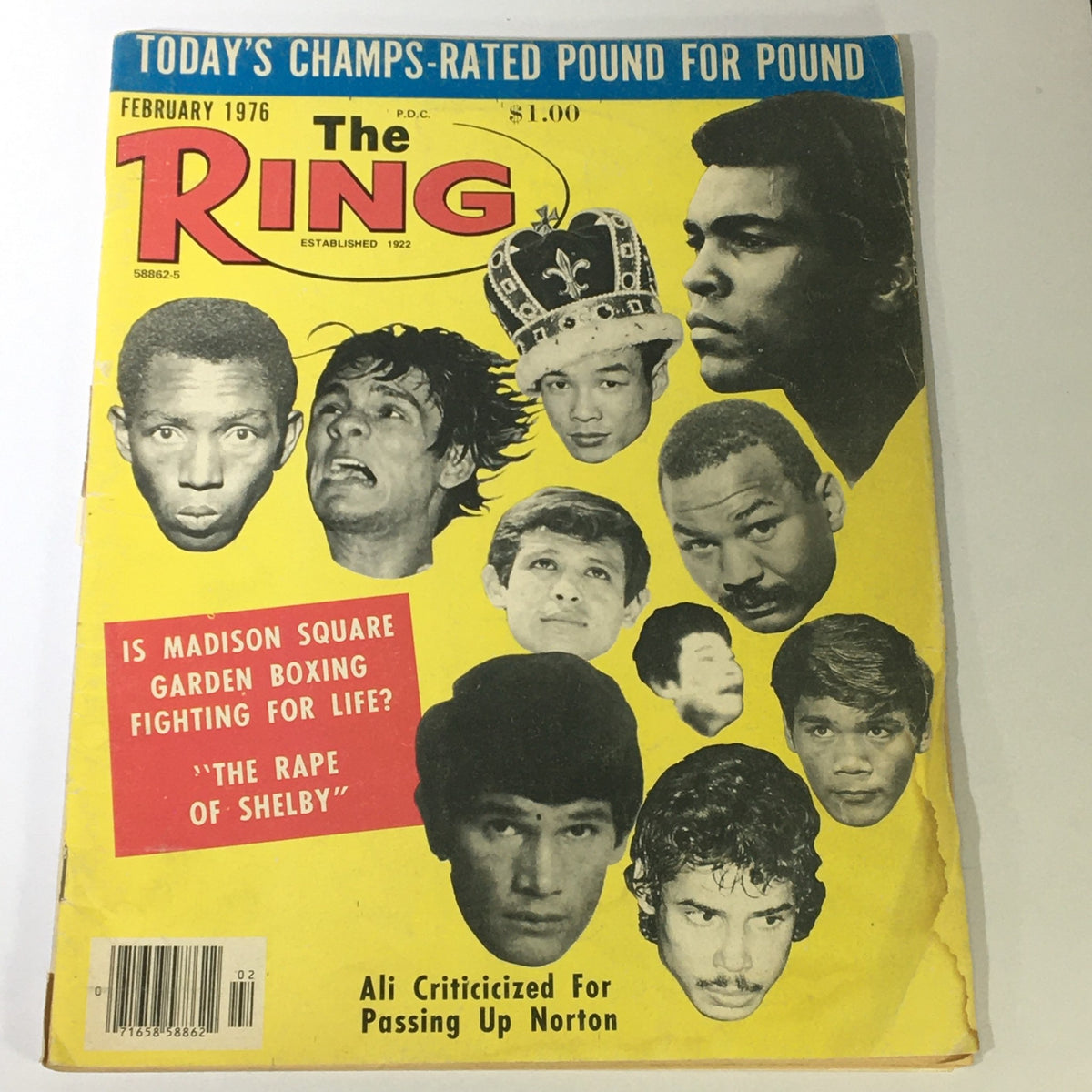VTG The Ring Magazine February 1976 featuring Muhammad Ali, Ken Norton, and other boxers; showcasing iconic boxing history with a colorful cover and notable article titles.