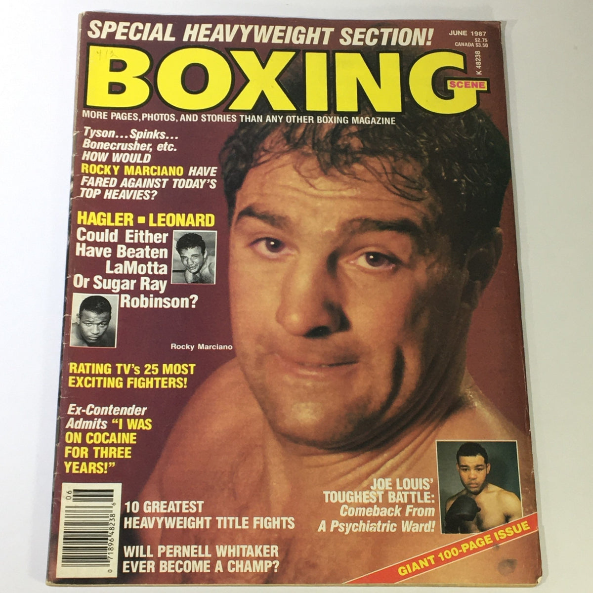 Vintage Boxing Scene Magazine June 1987 featuring Rocky Marciano on the cover. An iconic representation of classic boxing history with highlights on legendary champions and boxing culture.