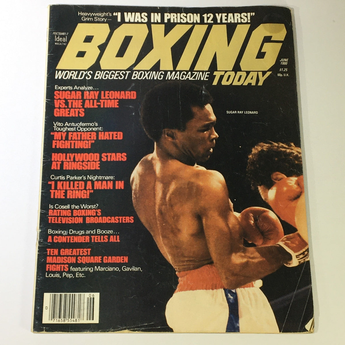 VTG Boxing Today Magazine June 1980 featuring Sugar Ray Leonard on the cover, showcasing a boxing match with highlights of articles including Curtis Parker, boxing legend insights, and vintage memorabilia details.