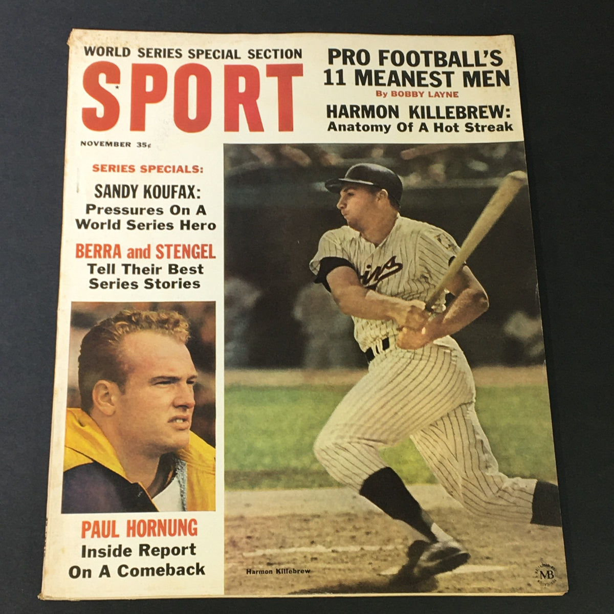 Cover of VTG Sport Magazine November 1964 featuring Sandy Koufax and Harmon Killebrew, highlighting Pro Football's Meanest Men and a World Series Special Section.