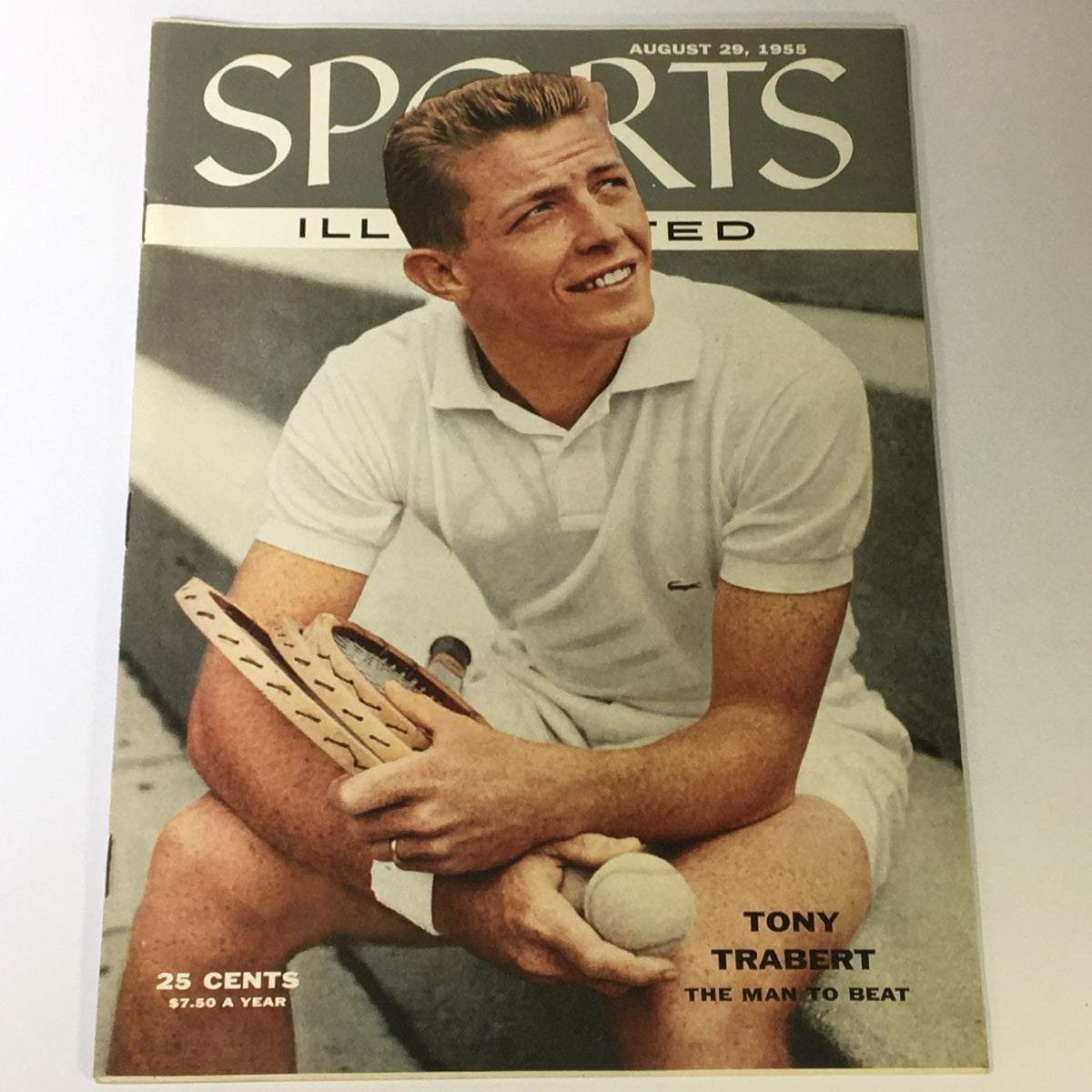 Sports Illustrated magazine cover from August 29, 1955, featuring champion tennis player Tony Trabert, known as 'The Man to Beat'. The magazine is in excellent condition, displaying Trabert holding tennis equipment, perfect for vintage sports enthusiasts and collectors.