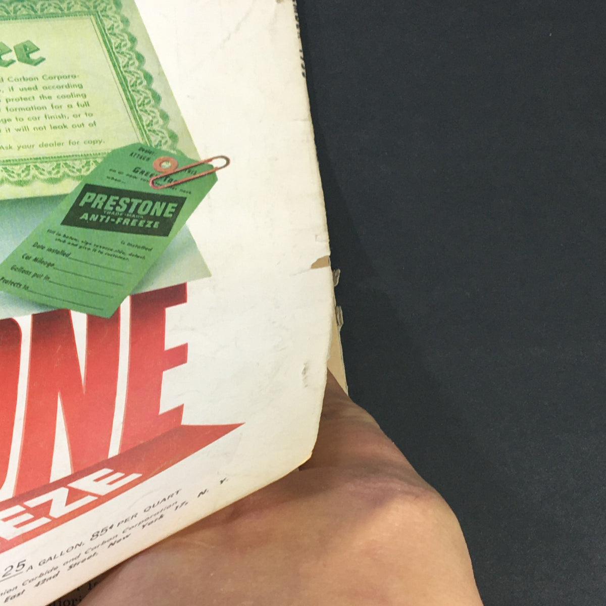 Back cover of VTG Sport Magazine November 1955 with an advertisement for Prestone Anti-Freeze attached, illustrating its historical context.