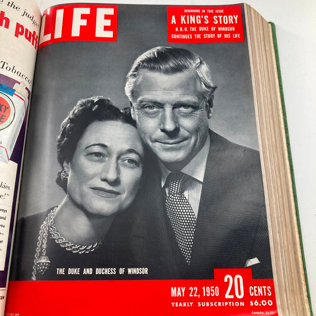 Vintage 1950 Bound Life Magazine featuring the Duke and Duchess of Windsor on the cover from May 22, 1950, highlighting royal stories.