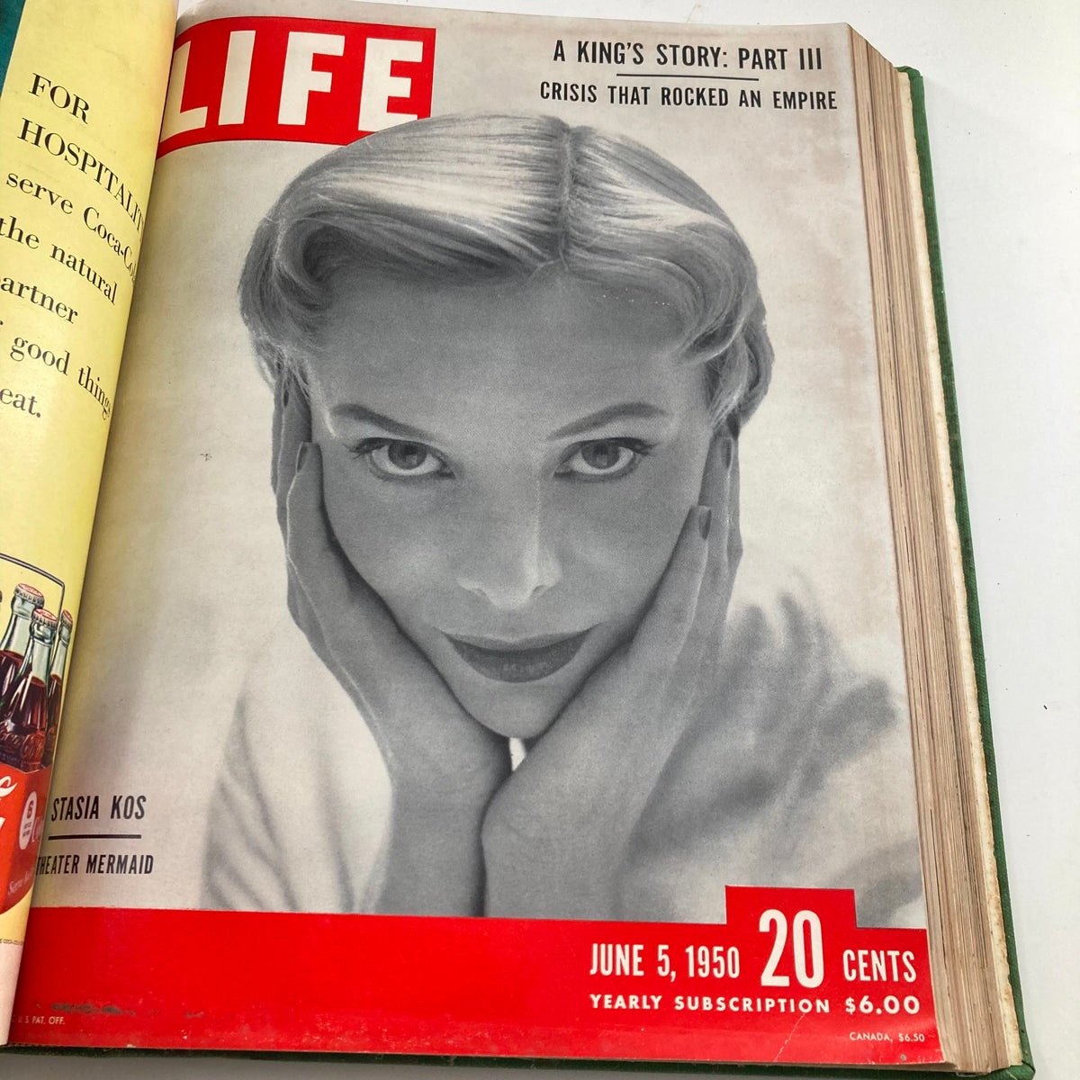 Vintage 1950 Bound Life Magazine with Stasia Kos on the cover, showcasing a feature titled ‘Crisis That Rocked an Empire’ from June 5, 1950.