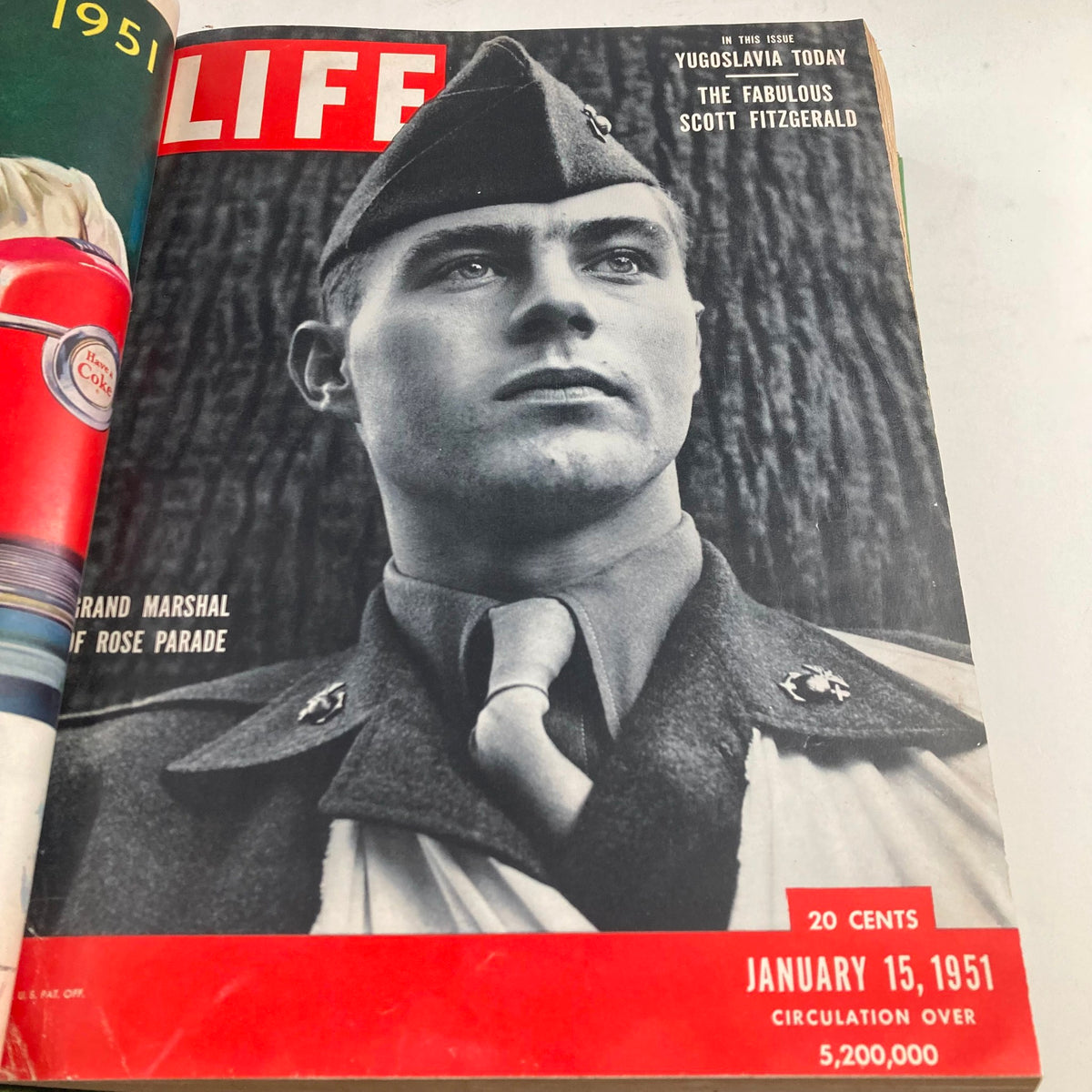 Inside view of VTG 1951 Bound Life Magazine with January 15, 1951 cover highlighting a grand marshal of the Rose Parade.