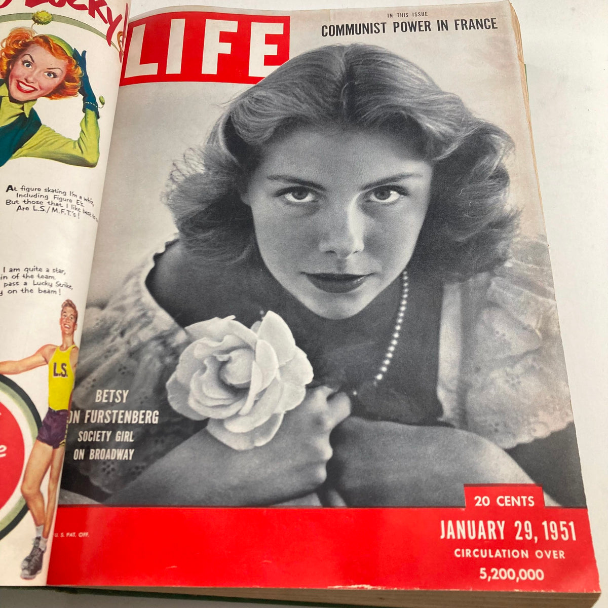 Cover of the VTG 1951 Bound Life Magazine featuring Betsy von Furstenberg with a rose, highlighting the issue from January 29, 1951, discussing communist power in France.