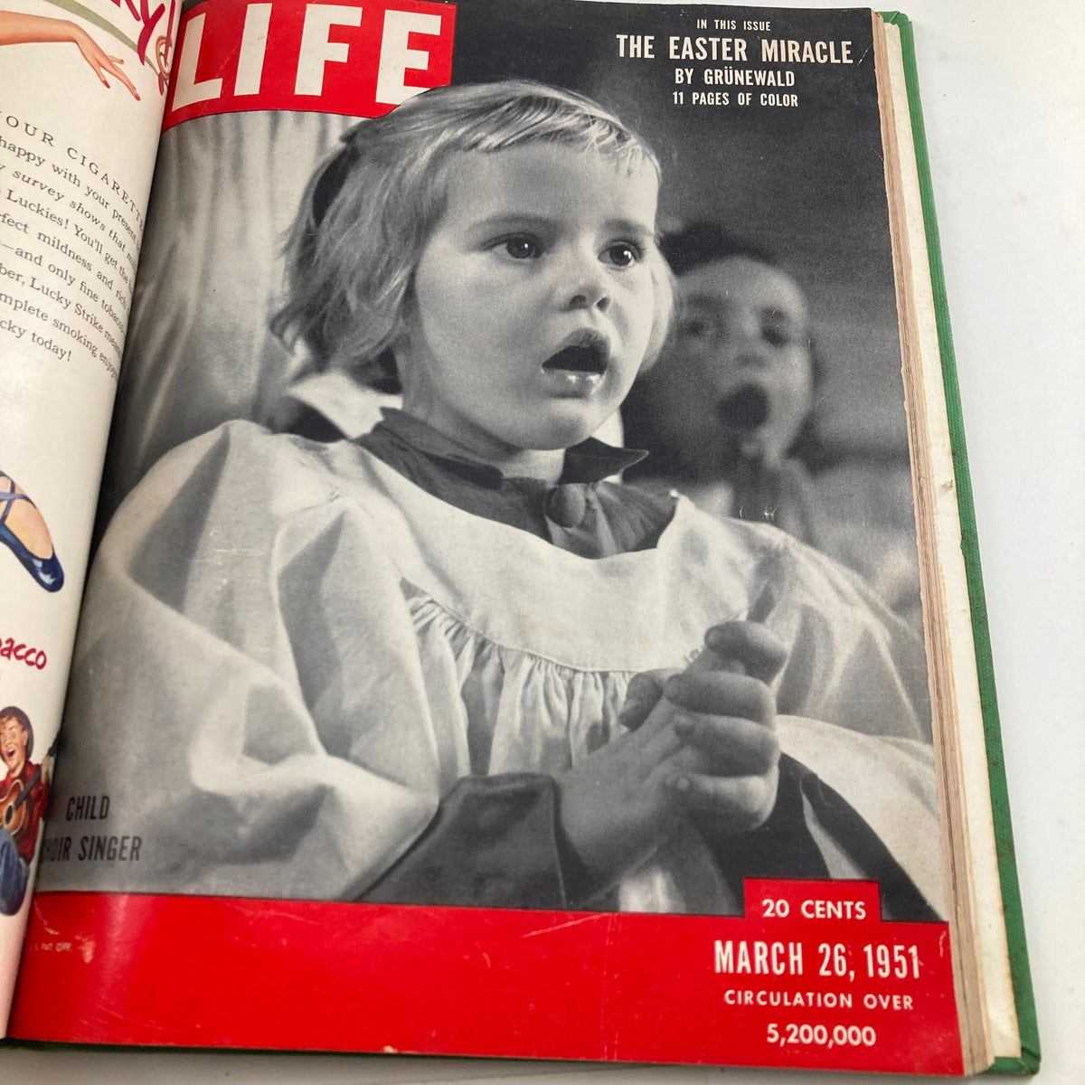Cover of VTG 1951 Bound Life Magazine featuring a child choir singer, March 26, 1951 issue, illustrating cultural moments of the time.